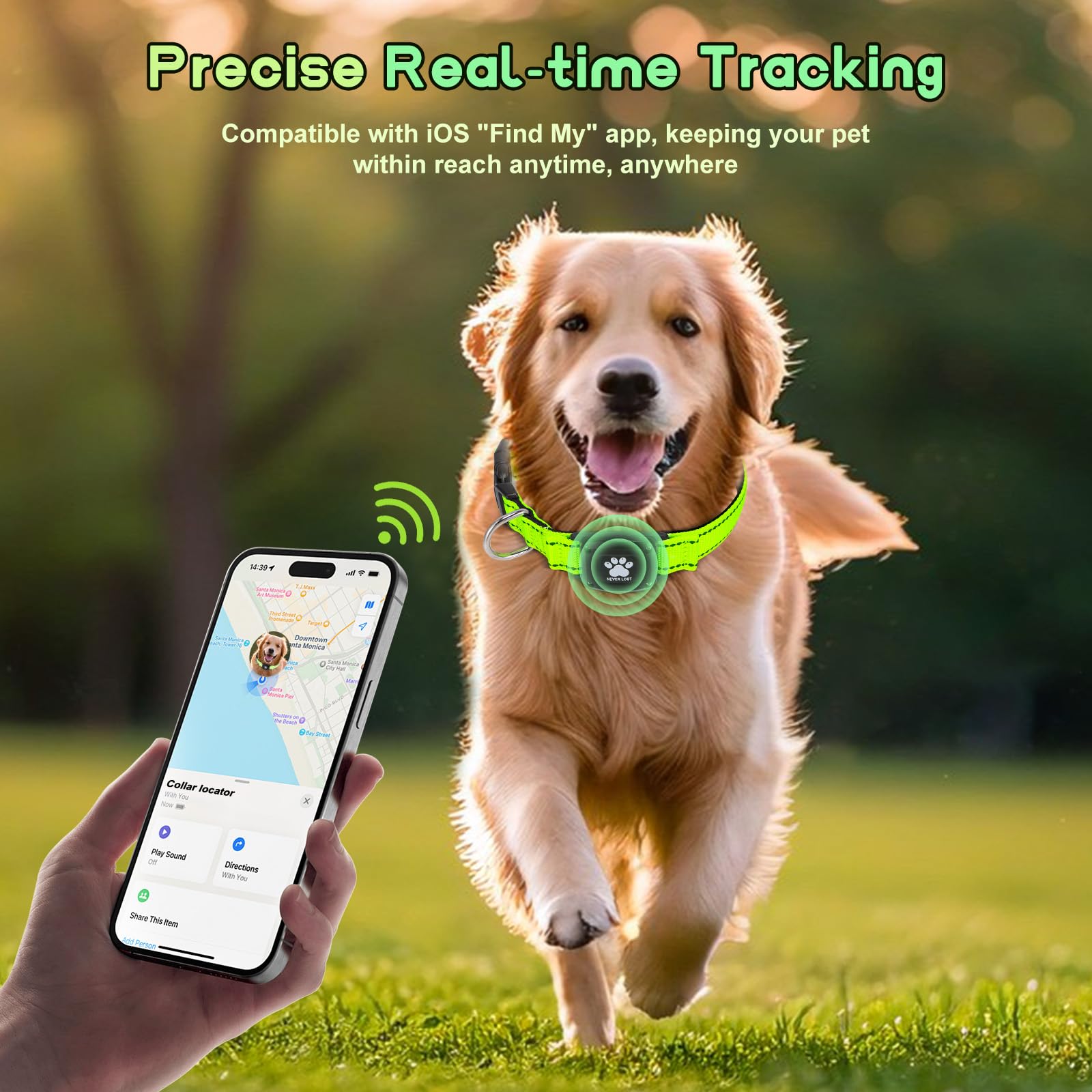 Myiwb GPS Dog Collar Tracker 2-in-1,Reflective Waterproof Pet Collar,iOS-Only,No Monthly Fees,Unlimited Range,Ideal for Dog Tracking pet Tracker,for Small Dogs(S (12.6"-16.5" Width:0.78"), Green) - image 3