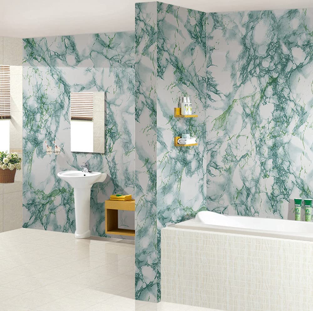 Vendsy 3D Marble Stone Self Adhesive Wallpaper - White Green Shade PVC Peel and Stick Vinyl Wall Stickers (500 x 45 cm)