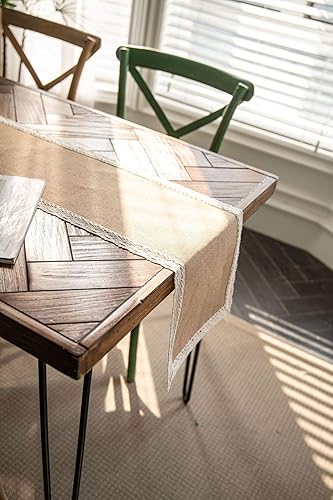 Miniatura 2 de Camino de mesa de yute natural rústico para mesa de comedor de granja con dobladillo de encaje para boda, fiesta, camino de mesa lavable, camino de