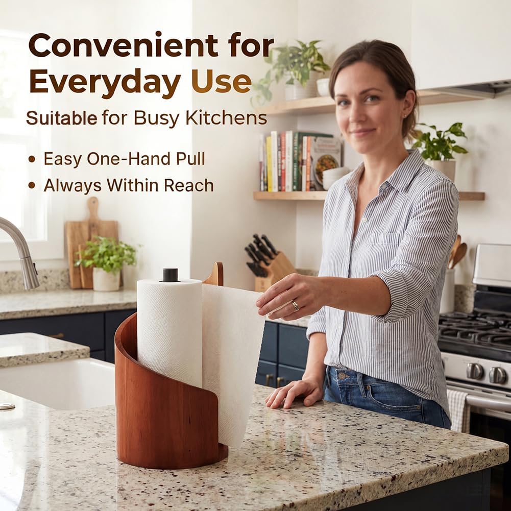 Wooden Paper Towel Holder, Mountain Paper Towel Holder with 4 Pcs Anti-Slip Rubber Pads, Easy to Use Kitchen Roll Organizer for Home Decor image 5