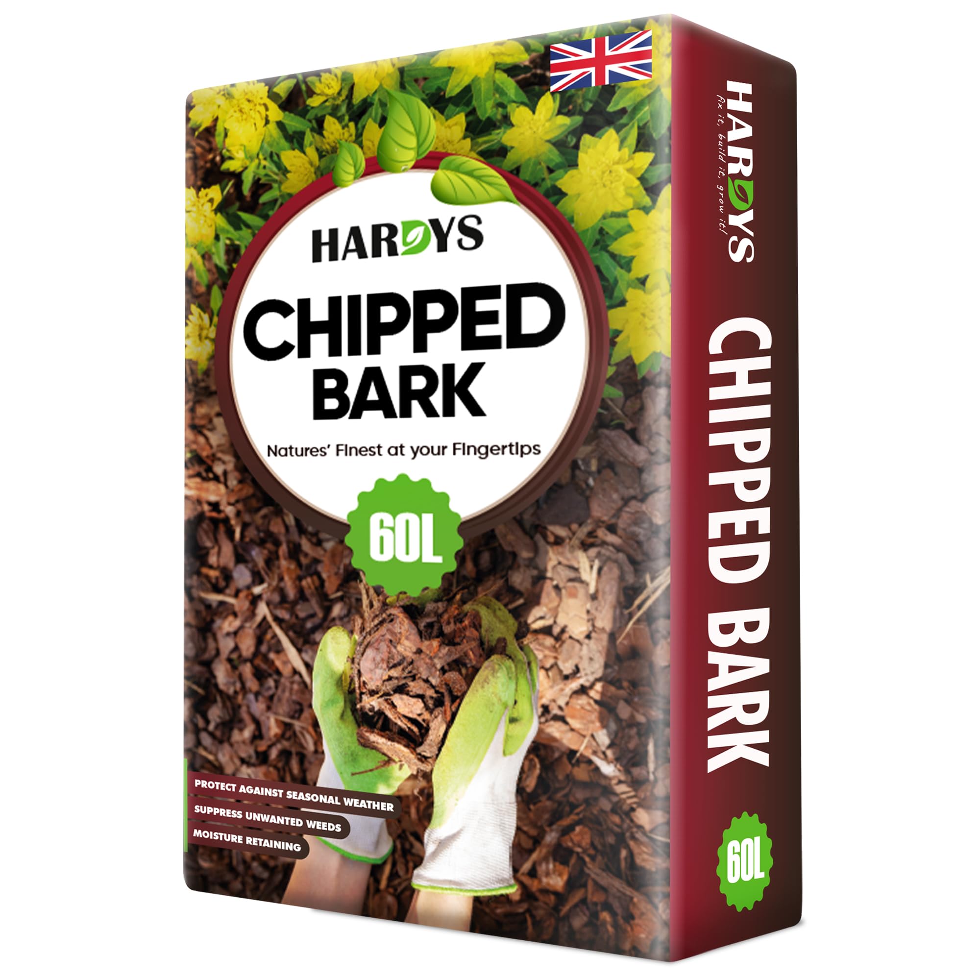 Hardys 60L Pine Spruce Bark Chippings for Garden - Organic Decorative Landscape Bark Chips - Mulches Down, Insulates Roots, Controls Weeds - Create Paths, Dress Beds & Border