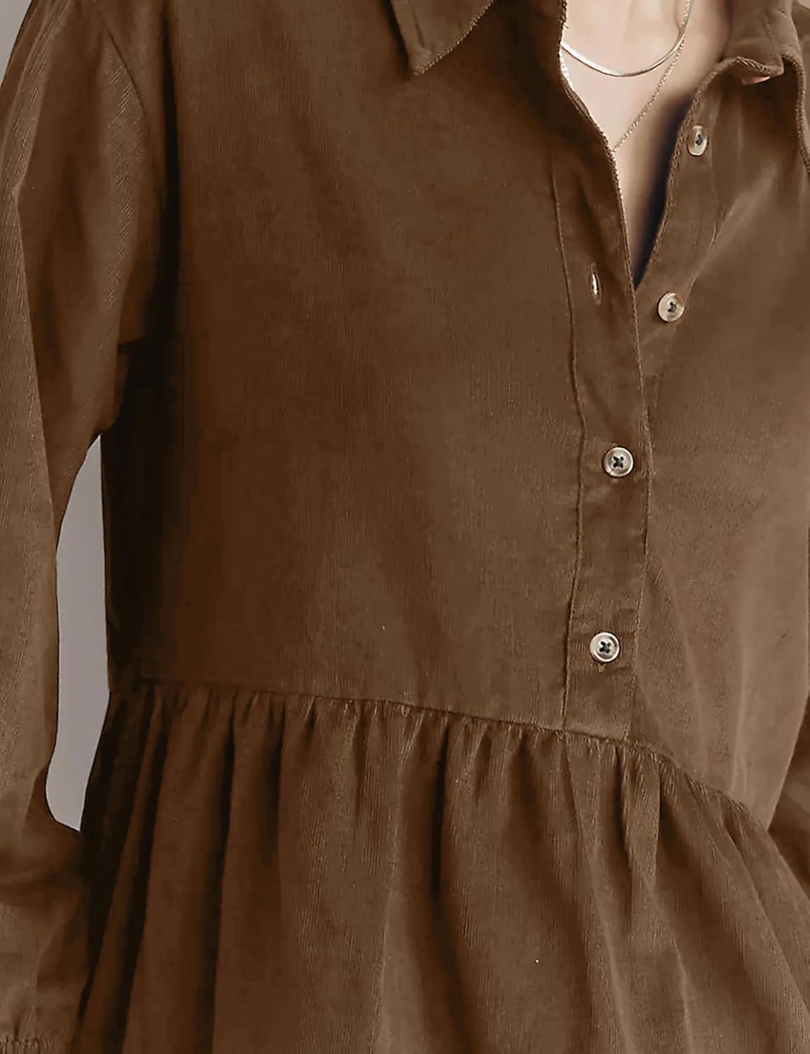 Womens Mini Shirt Corduroy Dress Oversized Lantern Sleeve Turndown Collar Button Up Babydoll Dress with Pockets - Image 4
