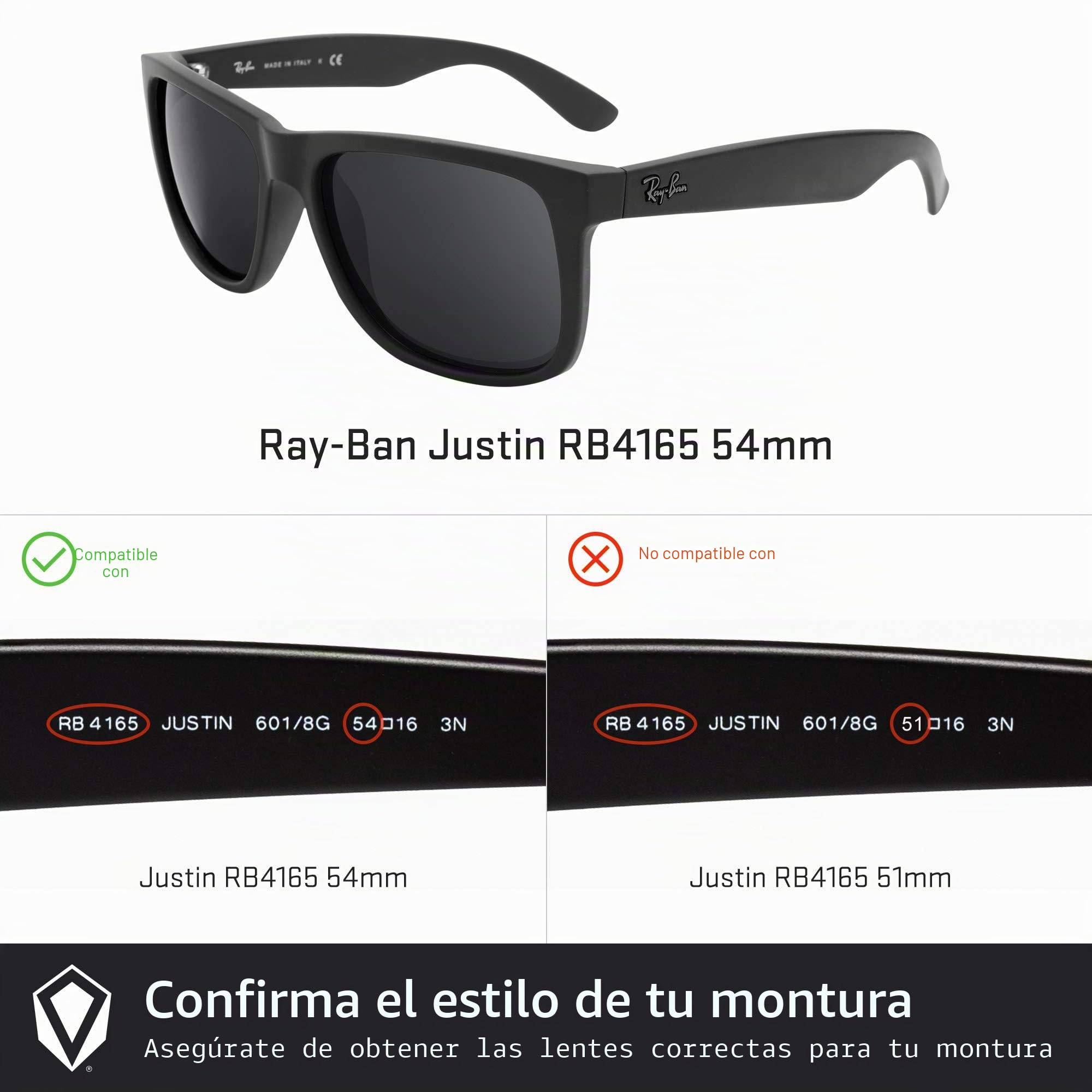 Revant Lentes de reemplazo compatibles con Ray-Ban Justin 54mm RB4165 | Compatible con RB4165 54mm, Polarizado disponible, 100 % protección UV, Resistente a impactos y arañazos, Ajuste preciso