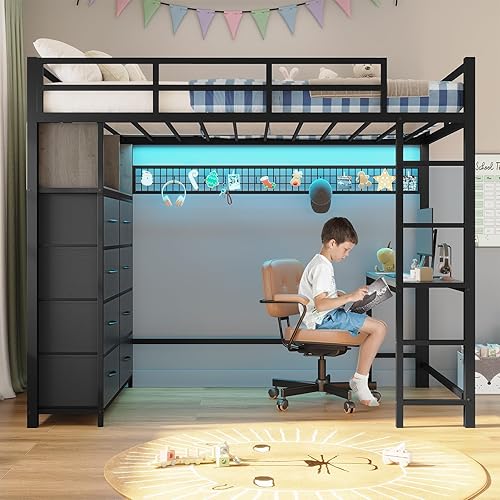 Miniatura 4 de ADORNEVE Cama tipo loft de tamaño individual con escritorio y 8 cajones de almacenamiento, cama alta de metal individual con luces LED y estación de