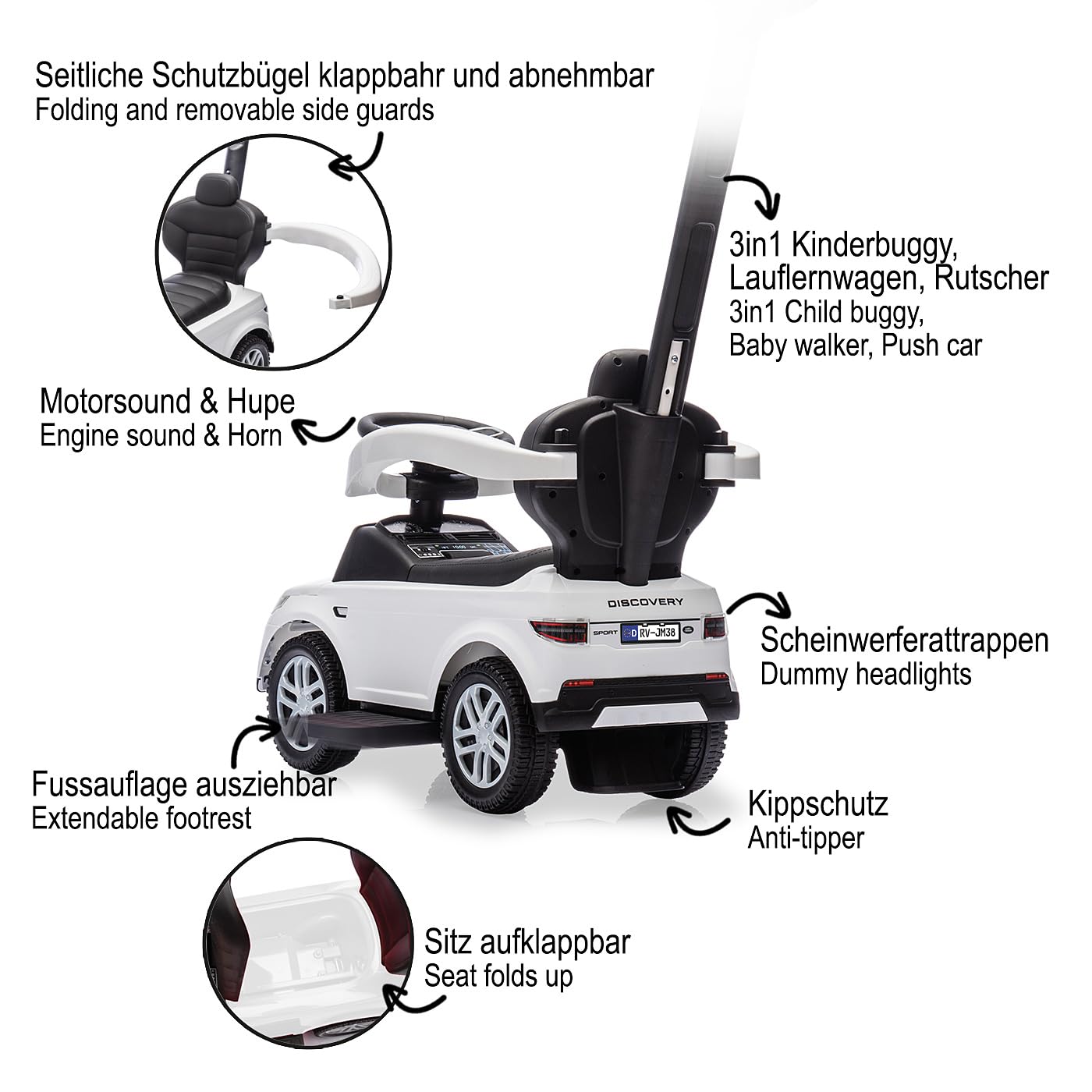 JAMARA 464058 Rutscher Land Rover Discovery 3in1, Rutschauto mit Schubstange, Kinder Fahrzeug Car, Spielzeug Rutscher, Geschenkidee für Kinder, Kippschutz, Schub- und Haltestange