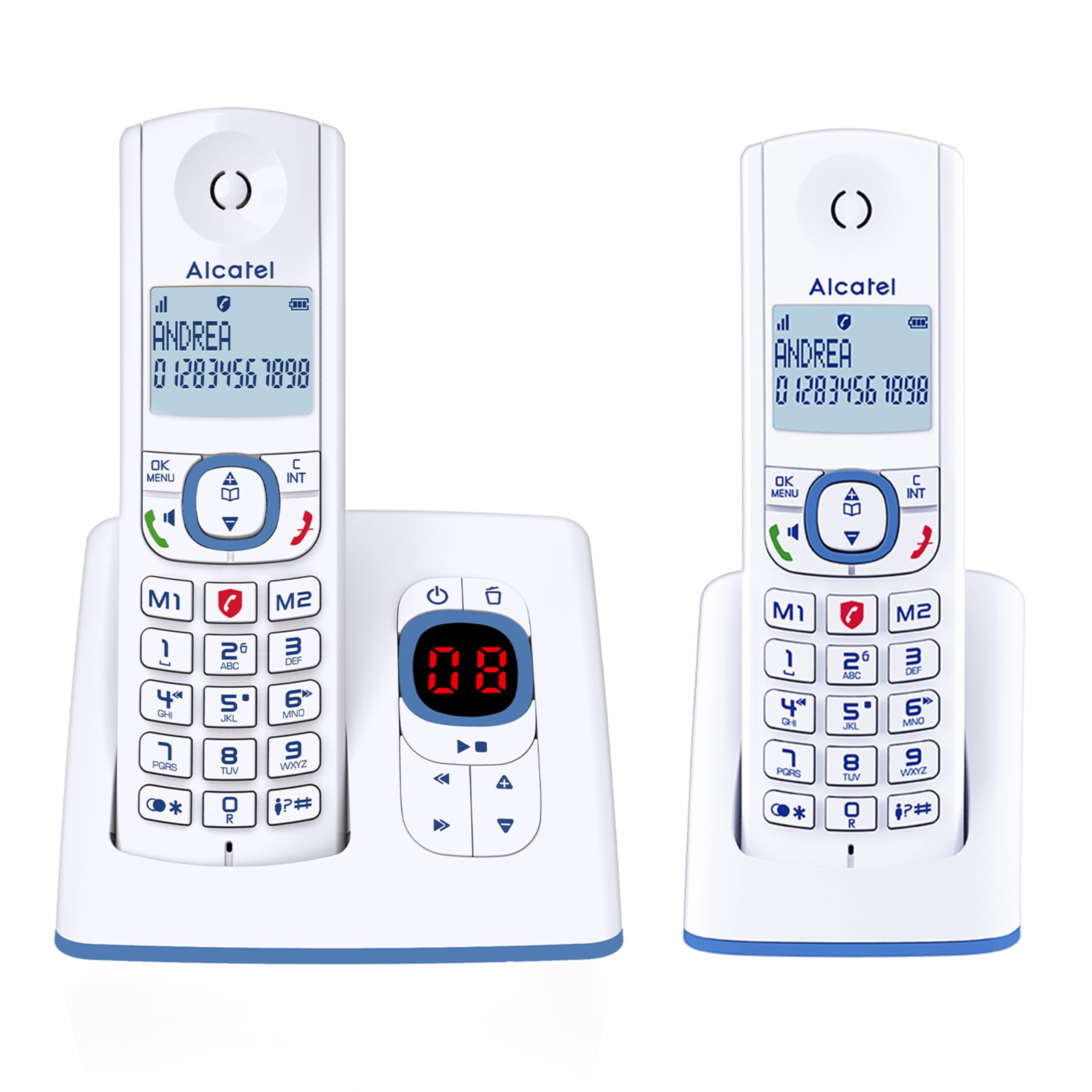 ALCATEL F530 Voice Duo - Telefono fisso cordless DECT con segreteria - Grande display retroilluminato - Vivavoce - Funzione blocco chiamate - 2 tasti di memoria diretta - 2 portatili - Bianco/Blu
