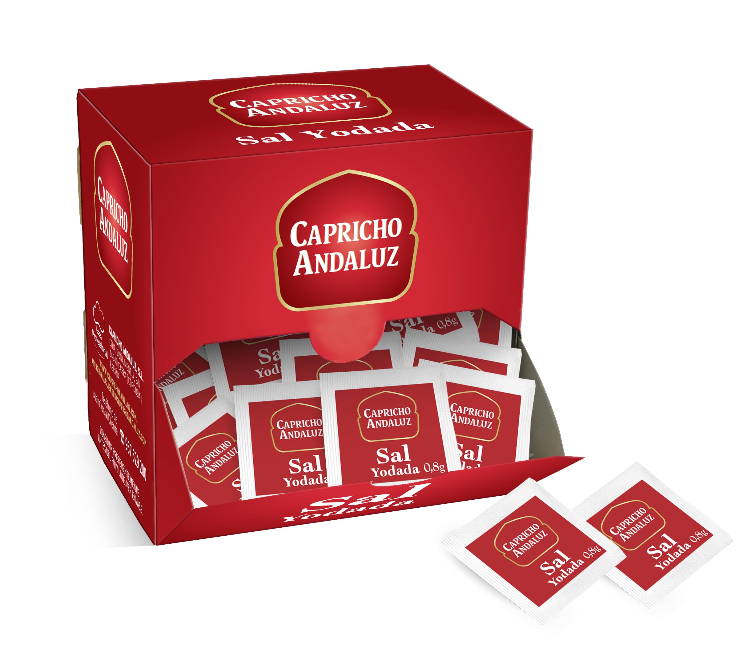 Capricho Andaluz - Sal en Sobres Monodosis Expositor 300 Unidades 0.8g - Porciones Individuales para Hostelería, Catering, Buffets y Uso Diario - 1