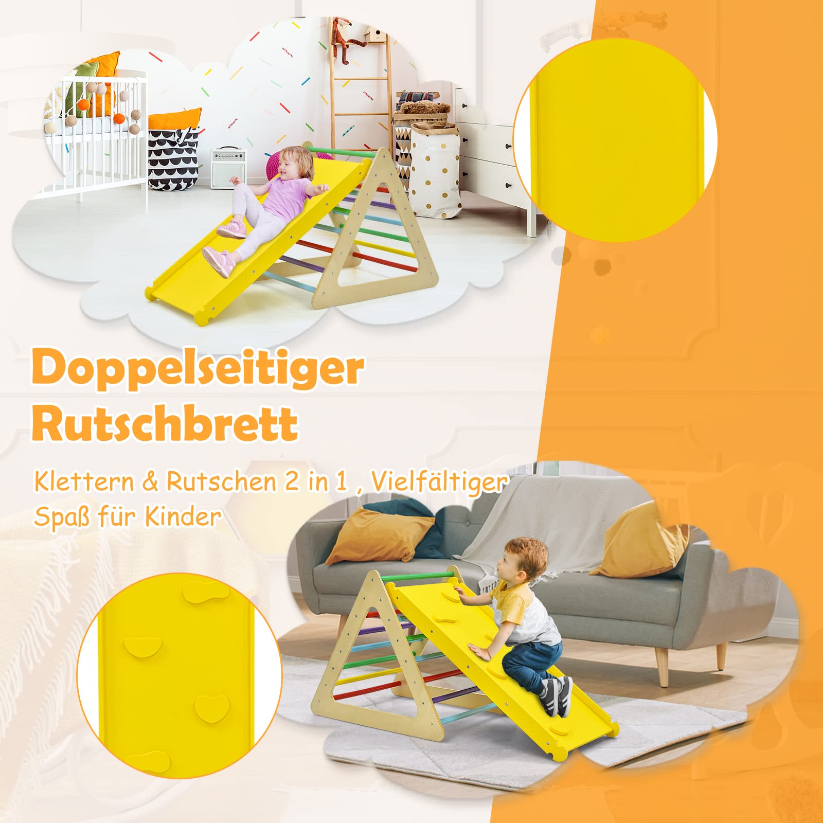 DREAMADE 3 in 1 Kletterdreieck mit Rutschbrett & Leiter, Indoor Klettergerüst klappbar, Holzdreieck Sprossendreieck Klettergerät, Kletterspielzeug Set aus Holz, für Kinder ab 3 Jahre (Bunt)