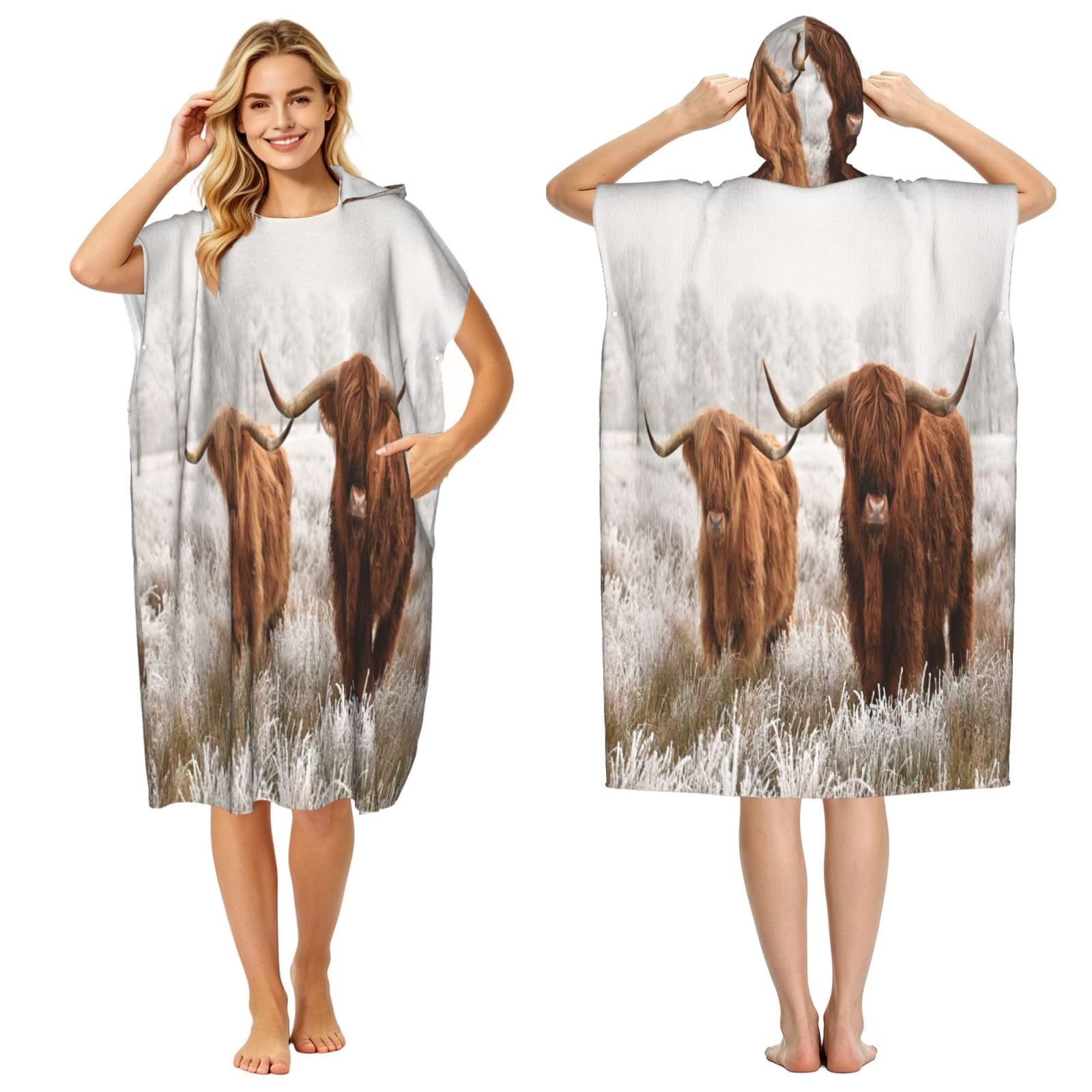 Poadnly Winter Snow Scottish Highland Cow, Adult Hooded Beach Towel 90 x 110 cm,Changing Bath Robe, Surf Poncho Towel For Women Men