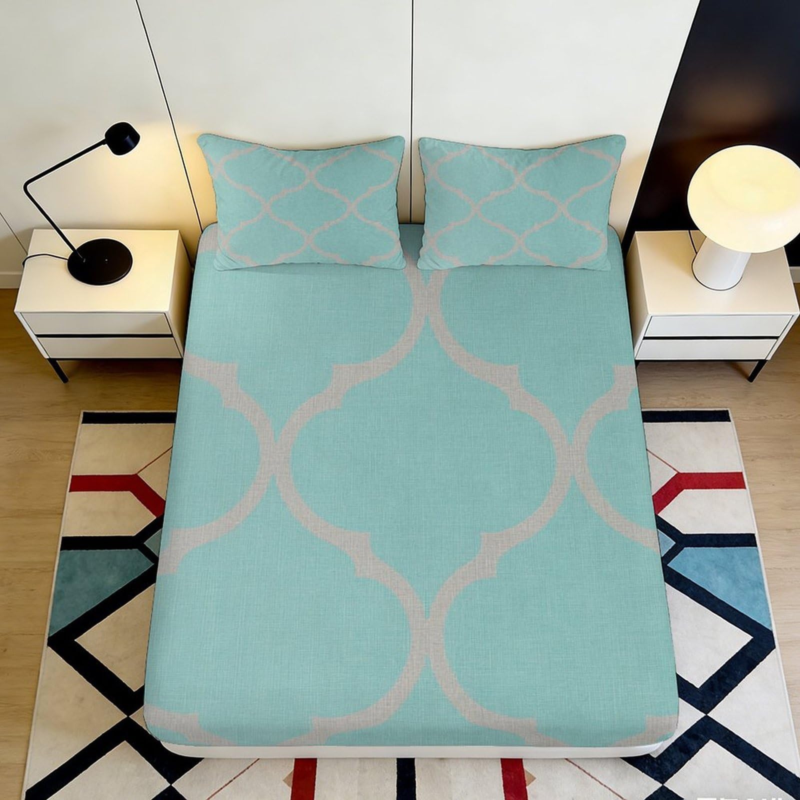 3D Printed Moroccan Trellis Fitted Sheet Microfiber Soft Aqua Blue Geometric Mattress Cover for Bedroom Dorm Mattress Protection Decor 90x200x25cm