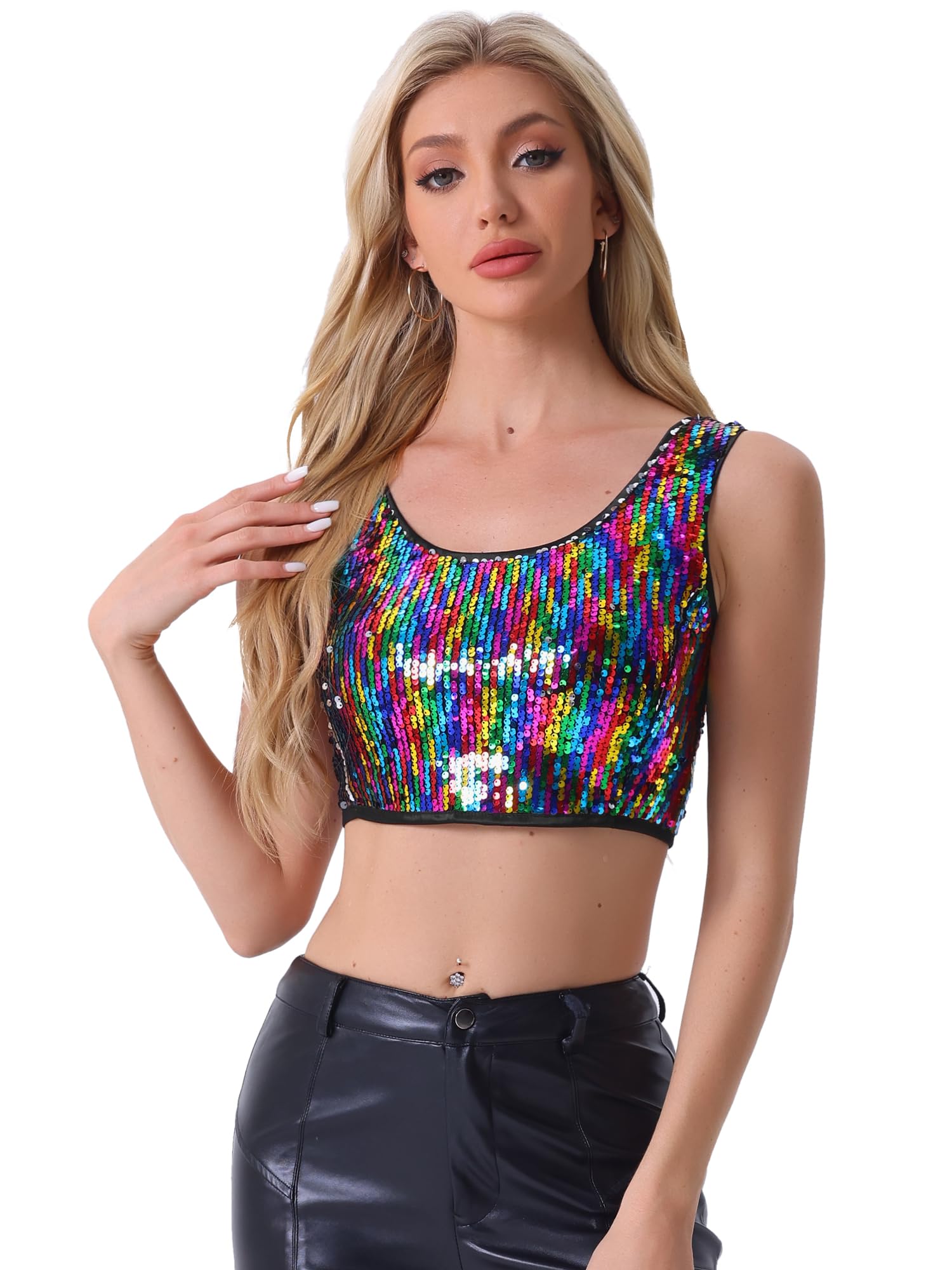Allegra K Women's Crop Top Vest Tank Top U Neck Sleeveless Party Clubwear Shiny Metallic