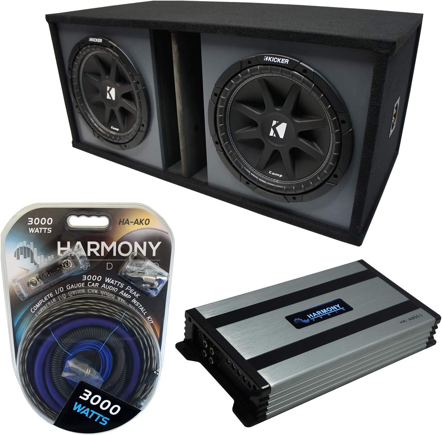Harmony Audio Universal Car Stereo Paintable Ported Dual 12" Kicker Bundle Comp C12 Sub Box Enclosure & Harmony HA-A800.1 Amp