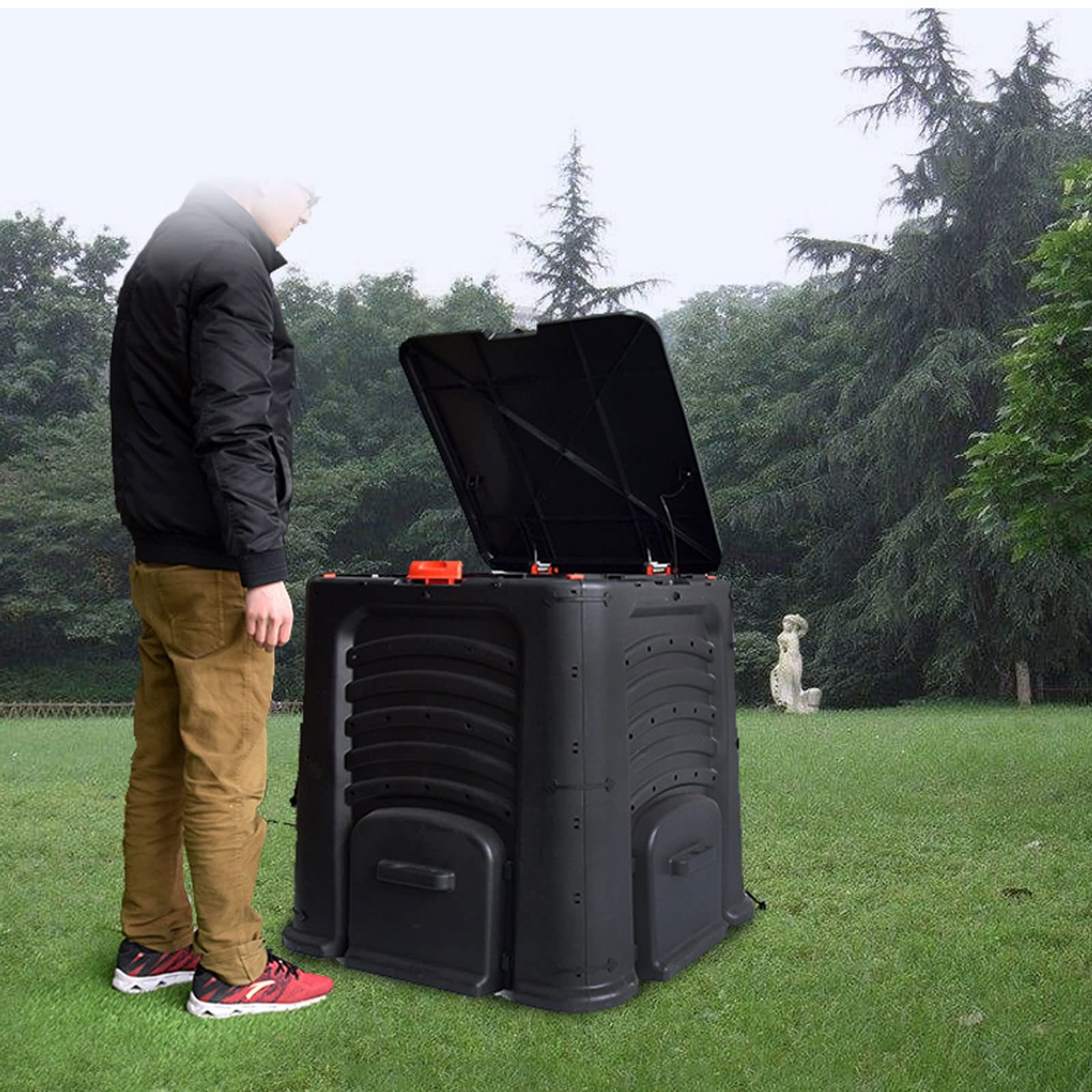 Compostador Jardín Cubo de compostaje, caja de compostaje grande for exteriores de 105 galones (400 L) con tapa abatible superior y 4 puertas de salida inferiores, material libre de BPA, barril de com