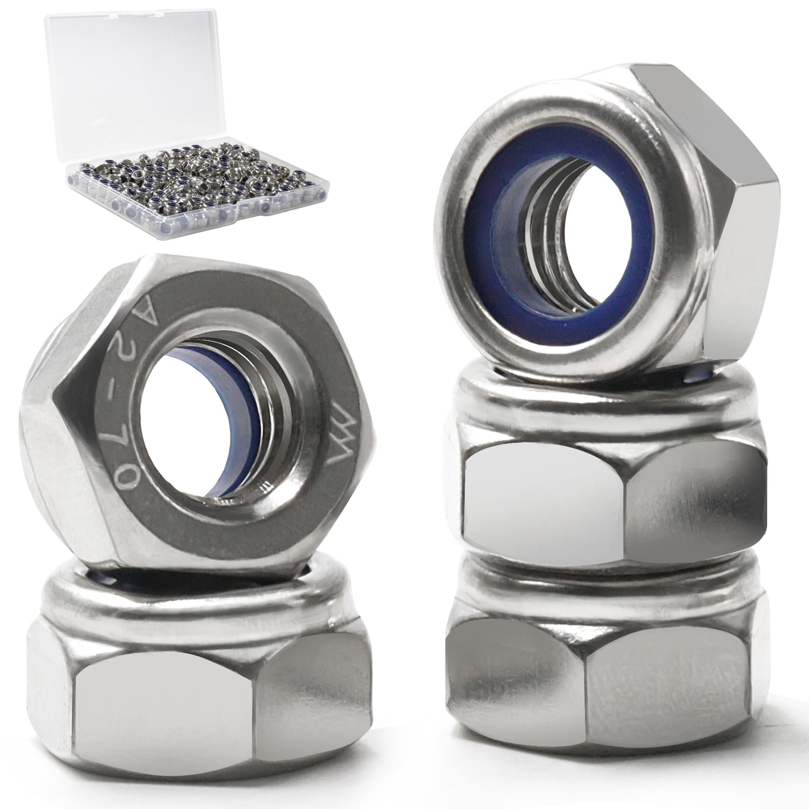 240 Pack M4-0.7mm Nylon Insert Lock Nuts，304 (A2-70) Stainless Steel Locknuts，Standard Metric Thread Nylock Nuts