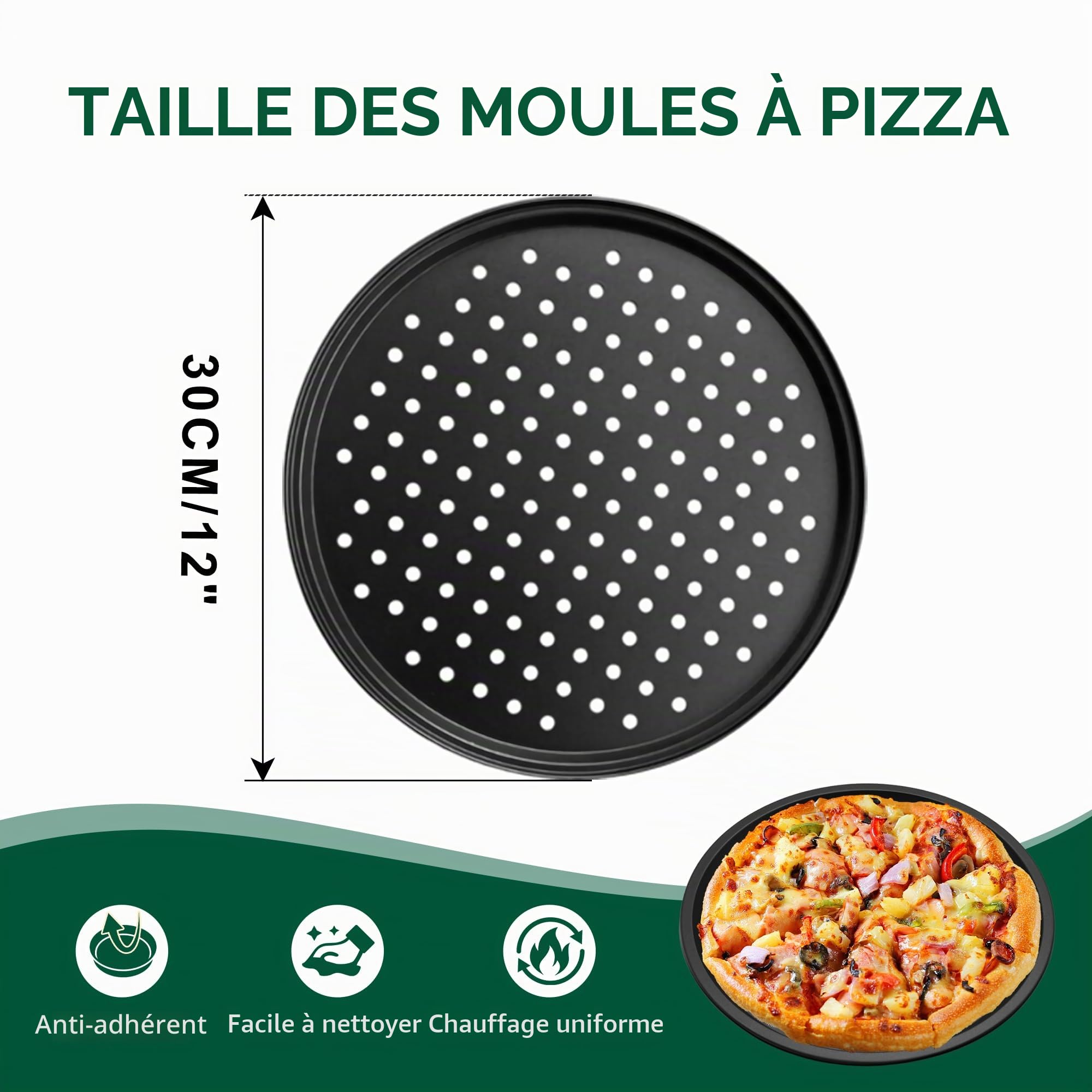 Lot de 2 plateaux à pizza avec trous, plaques à pizza antiadhésives, plaque de cuisson perforée en acier au carbone, plaque de four ronde pour la cuisson, 30 cm