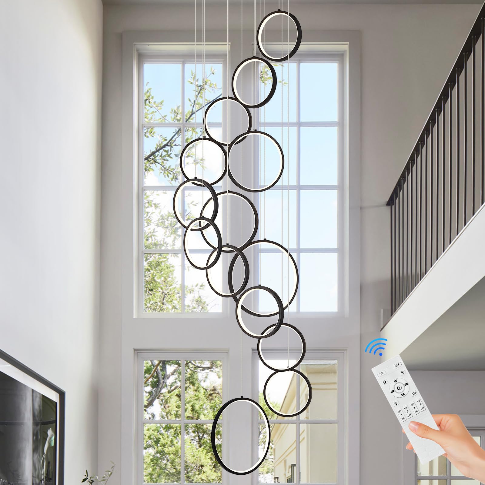 14 rings modern led chandelier for high ceiling dimmable black contemporary foyer long chandelier for entryway, long pendant light fixture staircase dining living room, 3000-6500k