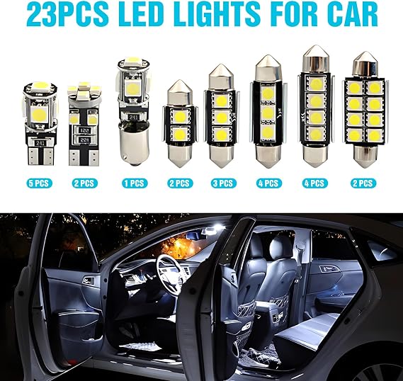 23Pcs Car Led Interior Light Bulbs, T10 Interior Car Lights Kit with Decoding Light 5050 6500K for Car Vehicle Dome Map Door Trunk License Plate Lights, 8 Models (White)