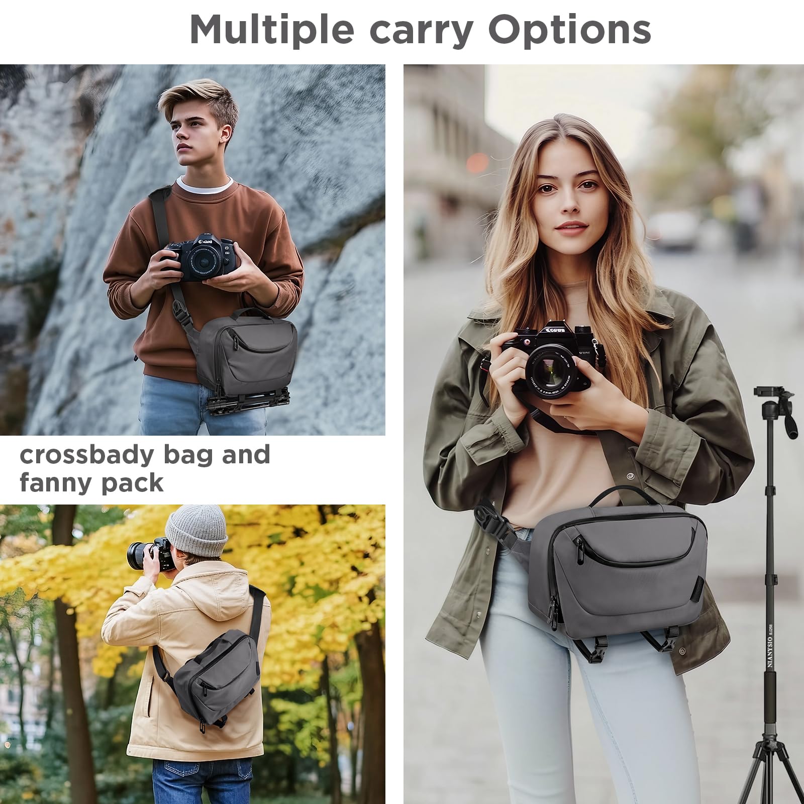 TAAOKA Sac à bandoulière étanche pour appareil photo avec support pour trépied, DSLR/SLR/Mirrorless Petit sac à bandoulière pour photographes (gris)