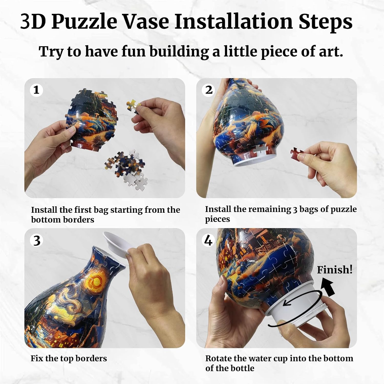 3Dパズル花瓶 【カラーリング】 大人からフラワーアレンジメントやホームデコレーションまで 164個のカーブしたプラスチックパズルピース(スノーハウス