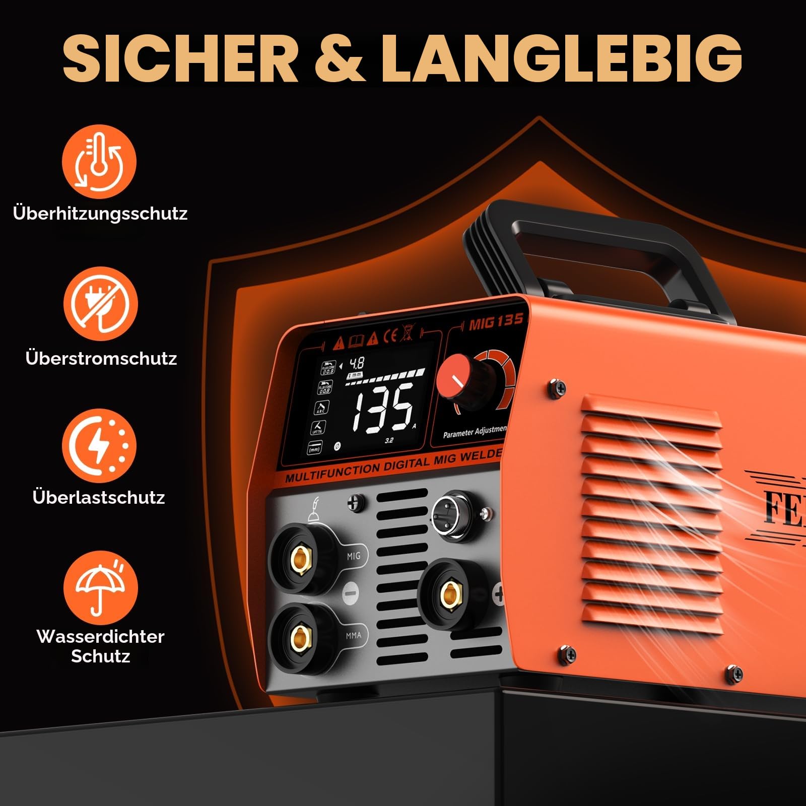 FEIFANKE MIG135 Fülldraht Schweißgerät Ohne Gas 135A 230V Synergie Elektroden Schweißgerät 3 in 1 MIG/ARC/Lift TIG IGBT Inverter Schweissgerät Mit 1.0mm Draht,MIG Schweißpistole