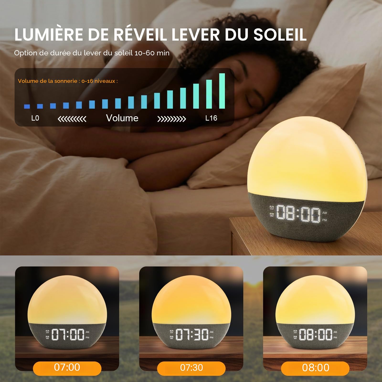 Reveil Lumineux,Reveil simulateur d'aube,Réveil luminothérapie,Sunrise alarm clock,Simulateur d'Aube et Crépuscule,20 Niveaux de Luminosité,24 Sons Naturels,Pour Ambiance Adultes et Enfants