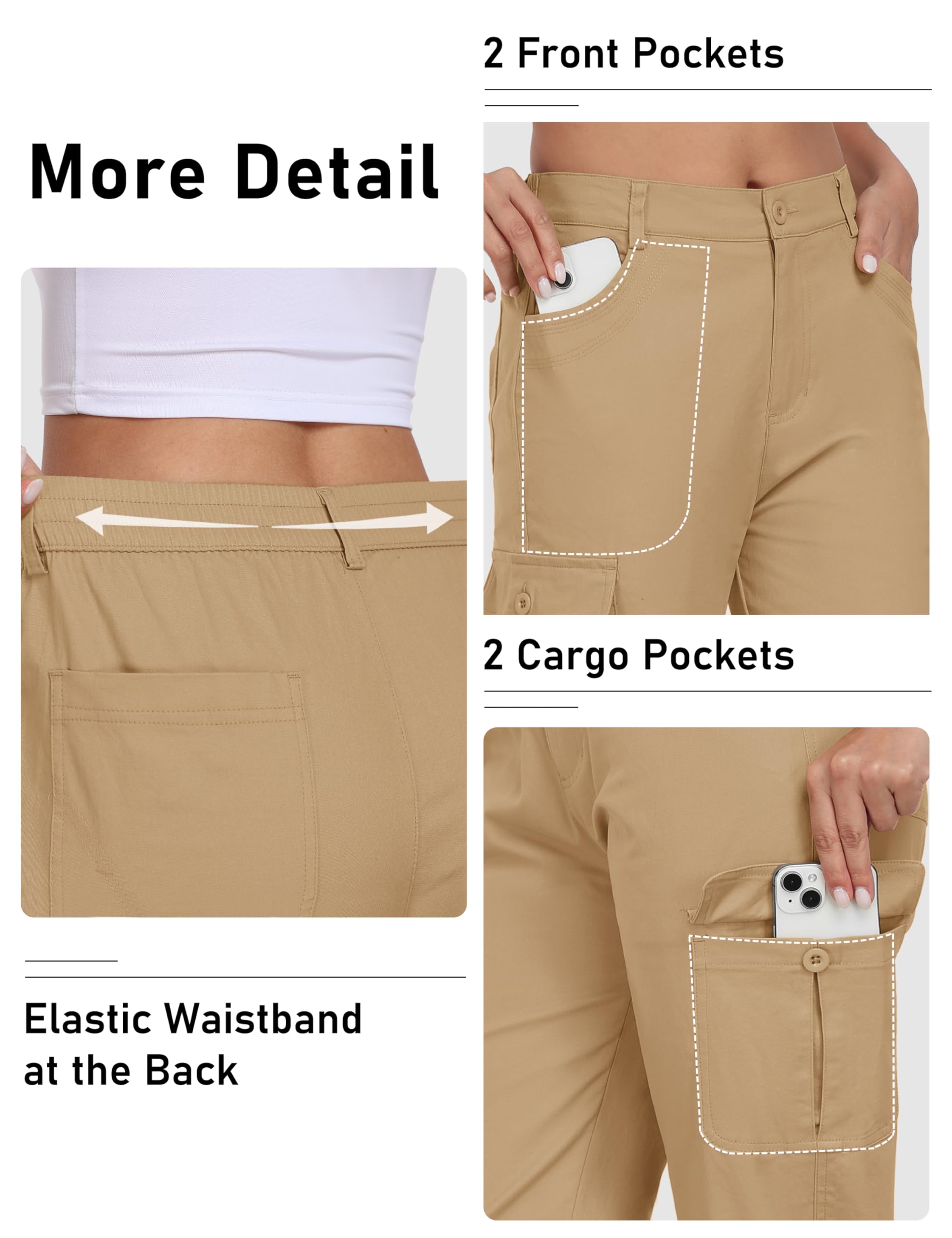 MoFiz Femme Cargo Pantalon Cotton Randonnée Capri Pants Taille Elastique Trekking Pantalon avec Poches