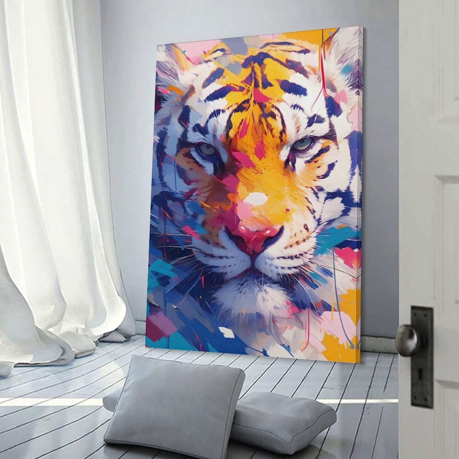 Junmoney Colorful Tiger Portrait Poster, Picture, Metal Print, Paint by Creed Wall Decor Canvas Print, 24x36inch(60x90cm), for Living Room, Lounge Or Sitting Room, Easy Decor for Gallery Walls
