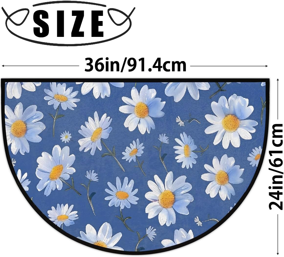 Half Round Door Mat Flower Daisy Blue White Half Moon Rug Washable Half Circle Area Rugs Indoor Entrance Non Slip Semi Circle Bathroom Rugs Floor Carpet for Kithen Bedroom Fireplace Decor