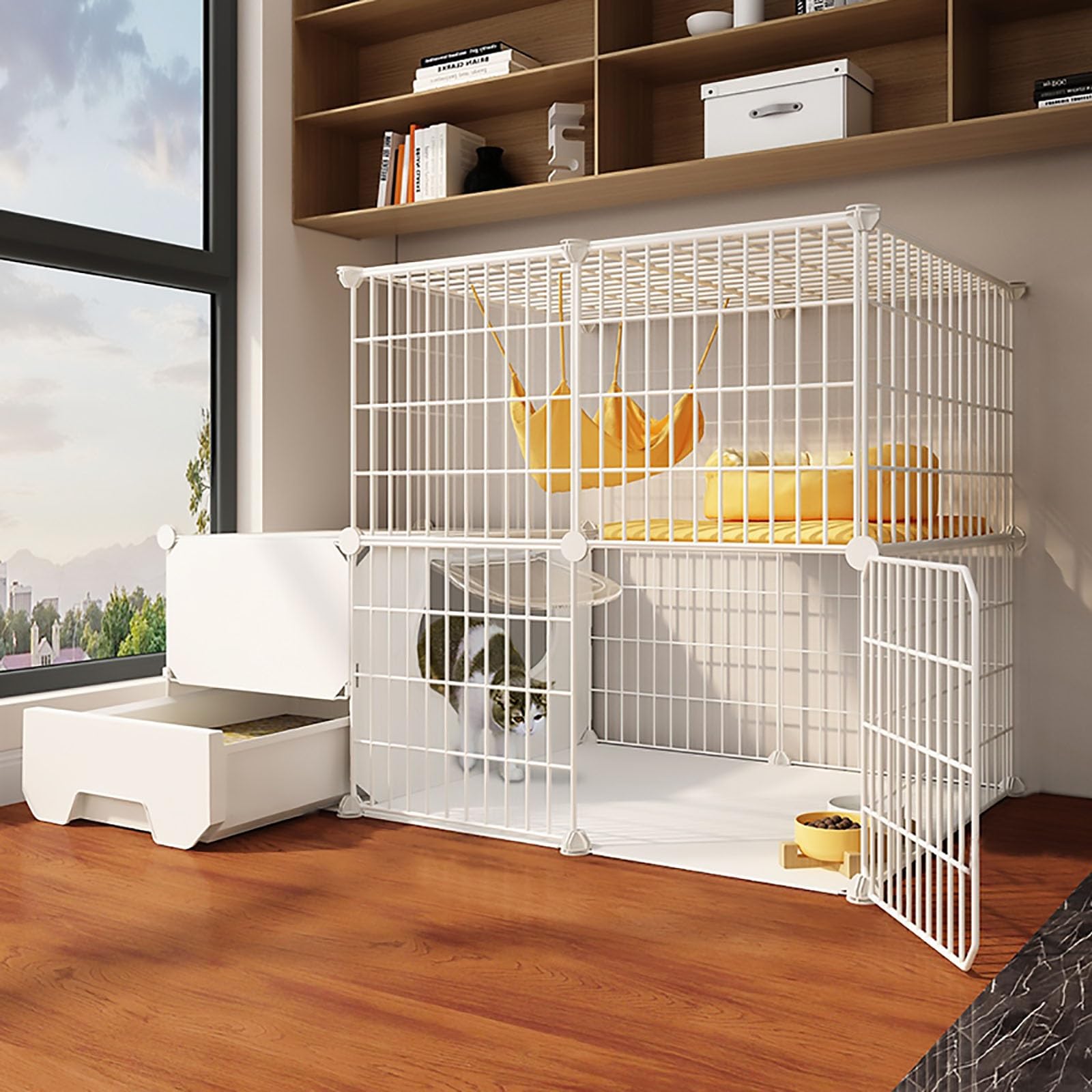 Cage pour chat grande taille modulable en fil de fer avec bac à litière pour 1 à 2 félins