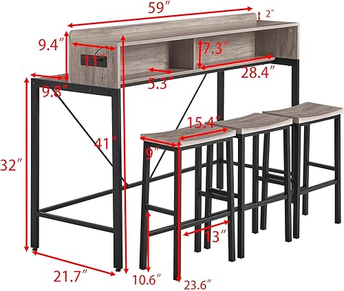 Miniatura 6 de Mesa de bar y sillas de 59 pulgadas con taburetes, juego de 4 con toma de corriente y luz LED, mesa de cocina con altura de barra con 3 taburetes y