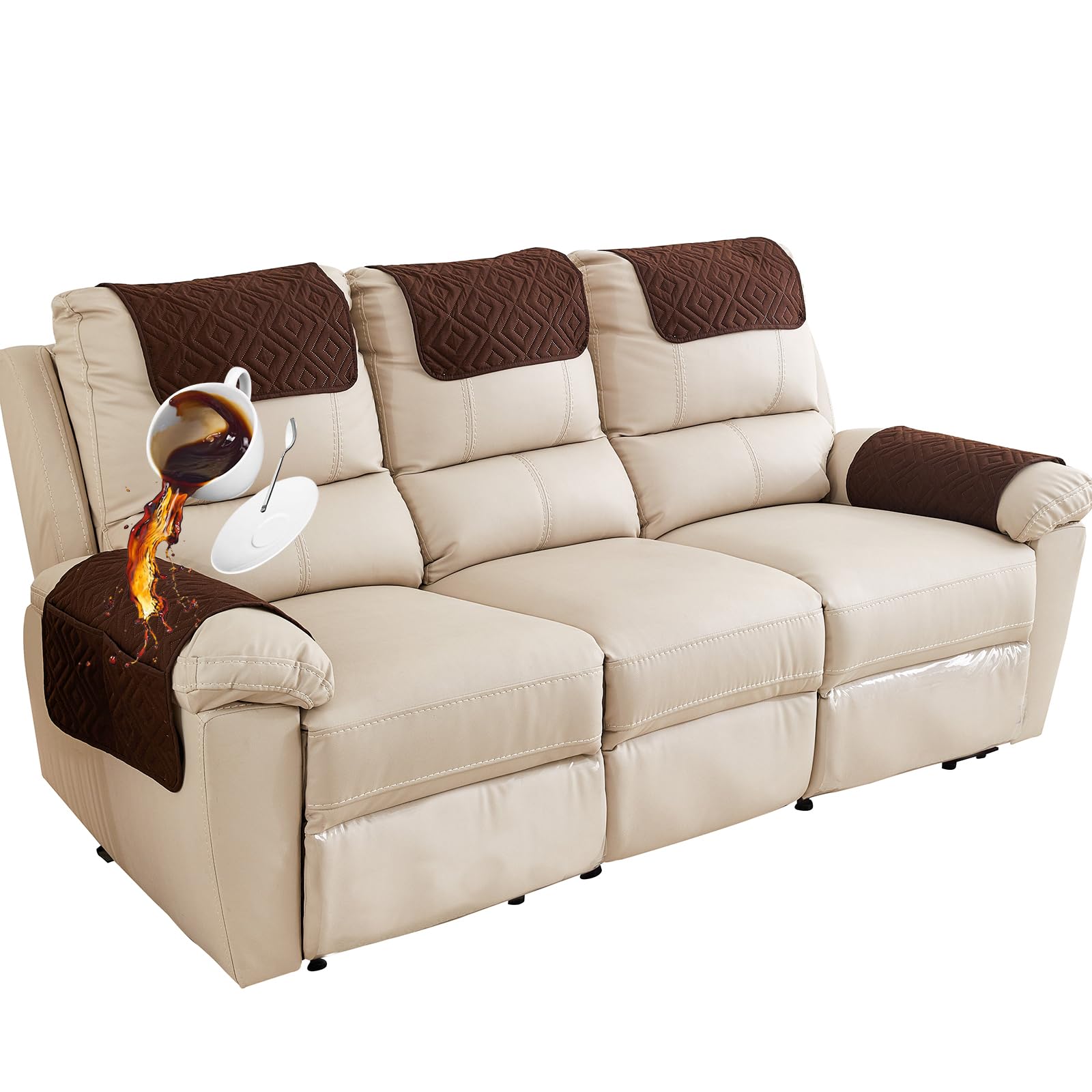 Sofa Armrest Cover, Headrest Cover for Recliner Chair Arm Cover, Armchair Slipcover with Pockets, Nonslip Quilted Furniture Protector for Pets Leather Sofa Couch (Coffee(Style B),3 Seater(5pcs))