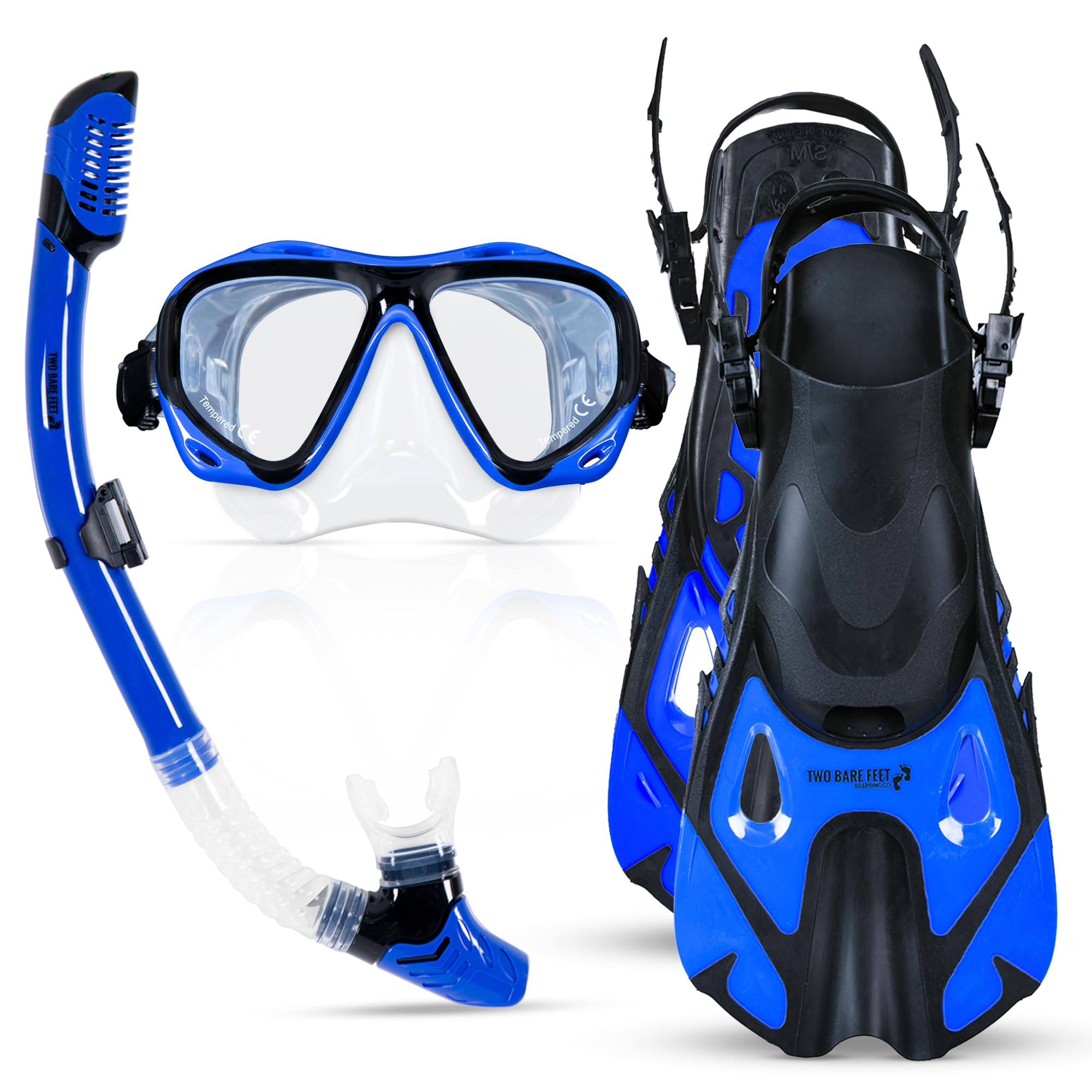 Two Bare Feet Adults 3 Piece Silicone Mask, Snorkel and Fins Diving Set, Anti Fog Anti Leak Snorkelling Set - Style 3 (Blue, (M2006S+S11S+F01), (L/XL), UK8.5-11.5) โ image 1