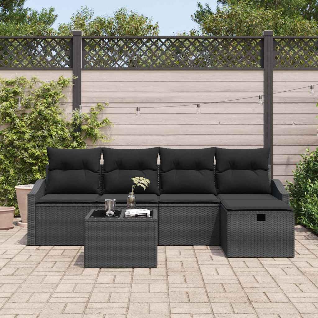 Ensemble de canapés de Jardin modulable en polyrotin Noir 6 pièces, Salon extérieur avec Coussins à Fermeture éclair, Cadre Acier revêtu, rangements intégrés pour terrasse et Balcon