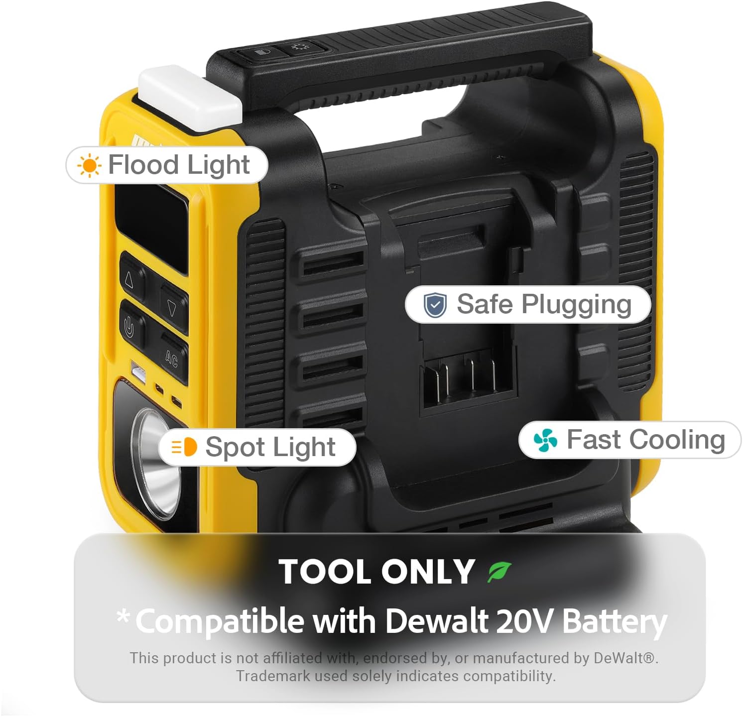 350W Power Inverter Pure Sine Wave Compatible with Dewalt 20V MAX Battery - Tool Only, Portable Battery Converter 20V to AC 110V, 2 USB-C & USB-A Ports, LCD Display, LED Light for Camping & Emergency