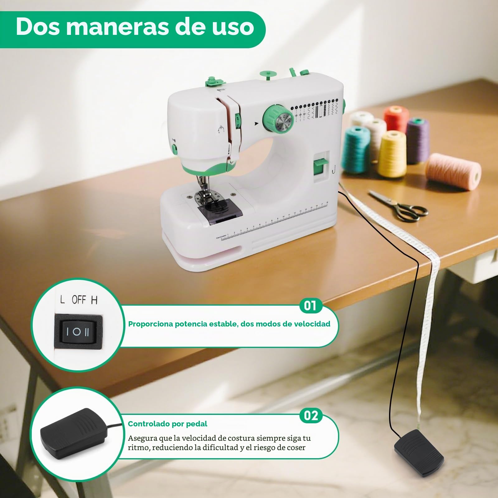 Máquina de Coser Portátil Eléctrica Compacta para Hogar, 12 Puntadas Integradas, 6 Prensatelas, 2 Velocidades (Baja/Alta) con Pedal, Ideal para Principiantes, Arreglos, Costura Doméstica y DIY