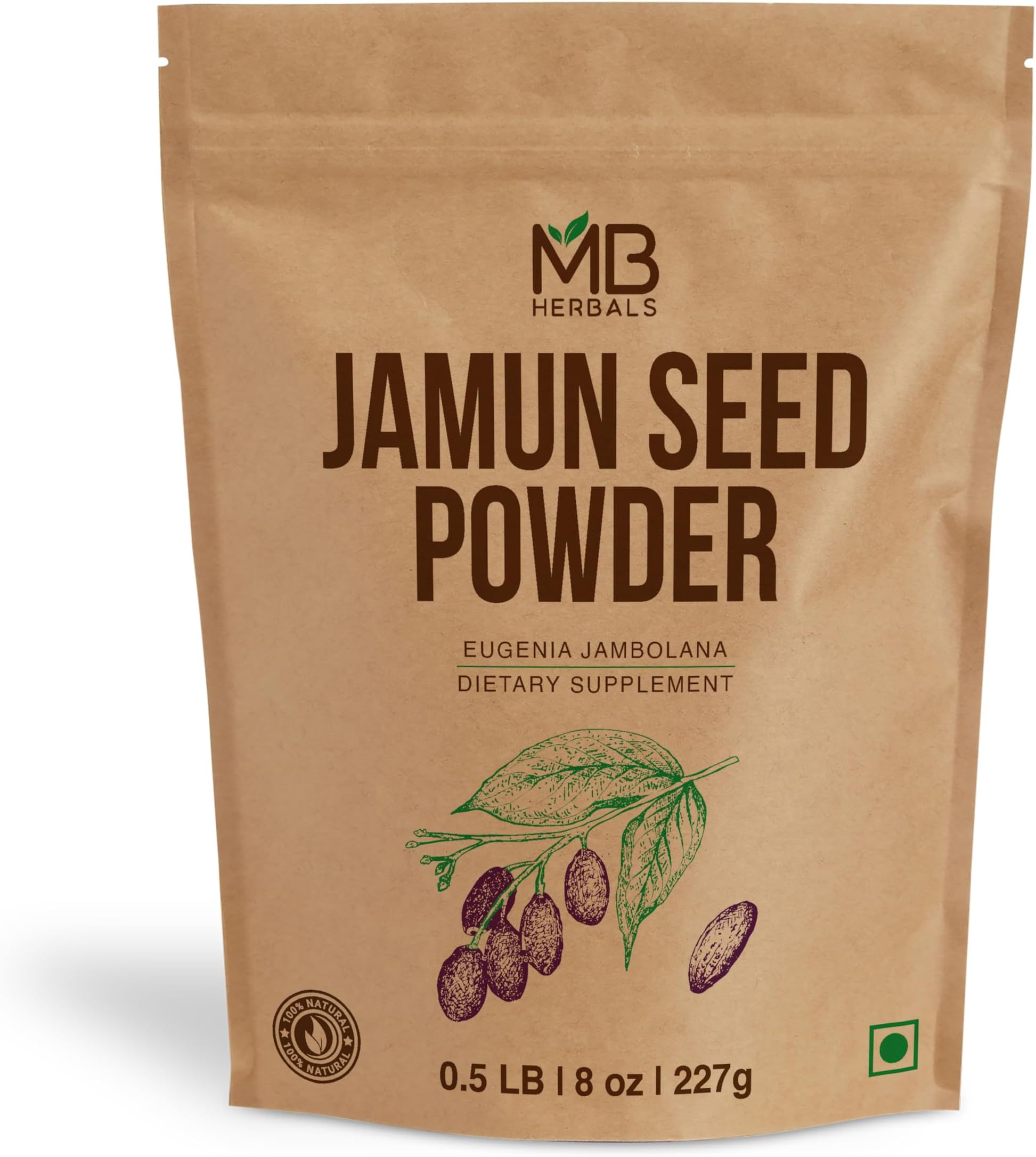 MB Herbals Jamun Seed Powder 227G (8 oz) | Eugenia jambolana | Java Plum Sd. | 75 Days Supply