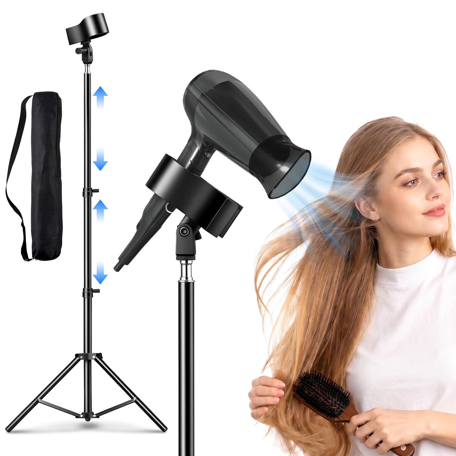GUSTYLE Hair Dryer Stand Hands Free, 29-82 Inch Adjustable Height Hair Dryer Holder Tripod, Blow Dryer Stand with 180° Rotating Universal Clip for Bathroom, Vanity, Makeup Room, Salon, Pet Grooming