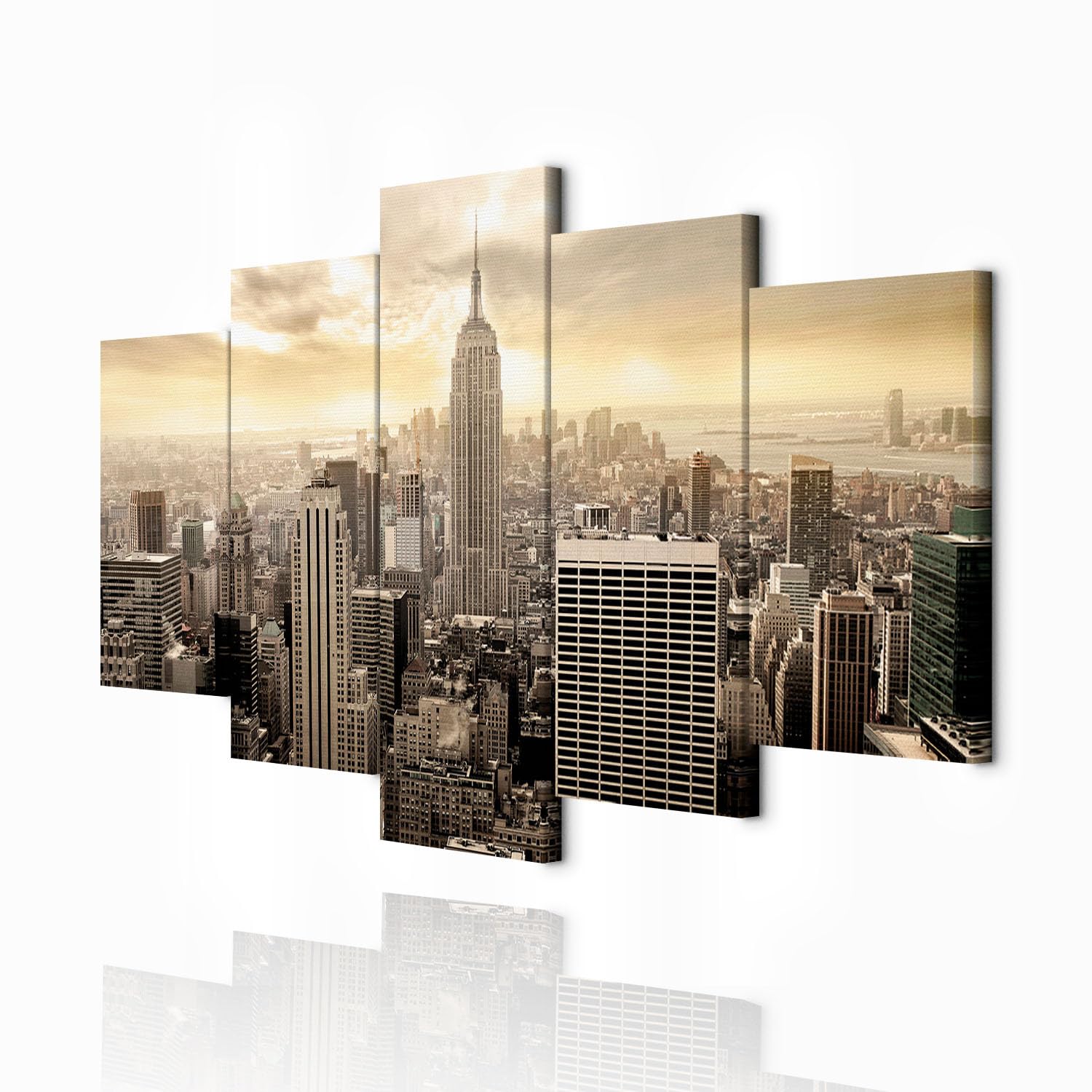 decomonkey Cuadro Lienzo Nueva York Sepia Horizonte 200x100 cm 5 piezas | Impresión sobre material tejido no tejido, decoración de cuadro de pared, gráfica fotográfica, para salón, diseño 1