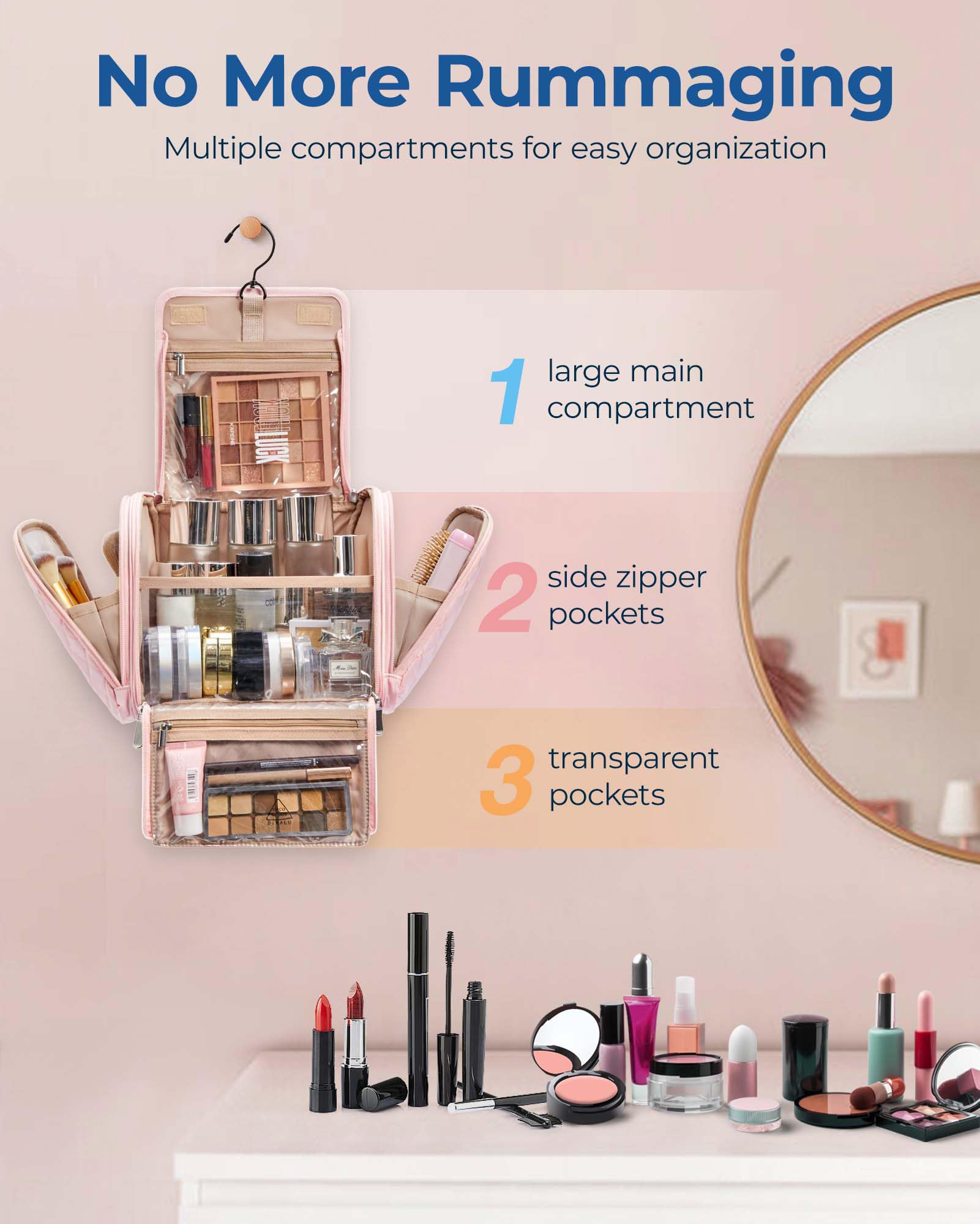 BAGSMART Beauty case da viaggio borsa per cosmetici di grande capacità per donne con gancio per appenderlo, resistente all'acqua, per articoli da toeletta, accessori, spazzole, spugna, con manico