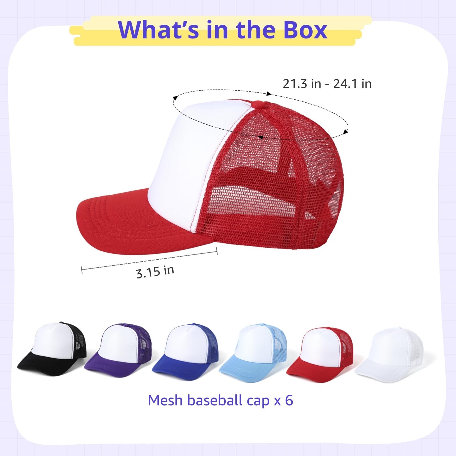 6 Stück Trucker Caps mit Sublimationsrohling, Mesh-Polyester-Baseballcaps, verstellbare Unisex Mesh Baseball Snapback Caps, Outdoor-Trucker-Mesh-Caps für Damen und Herren, zum Selbergestalten