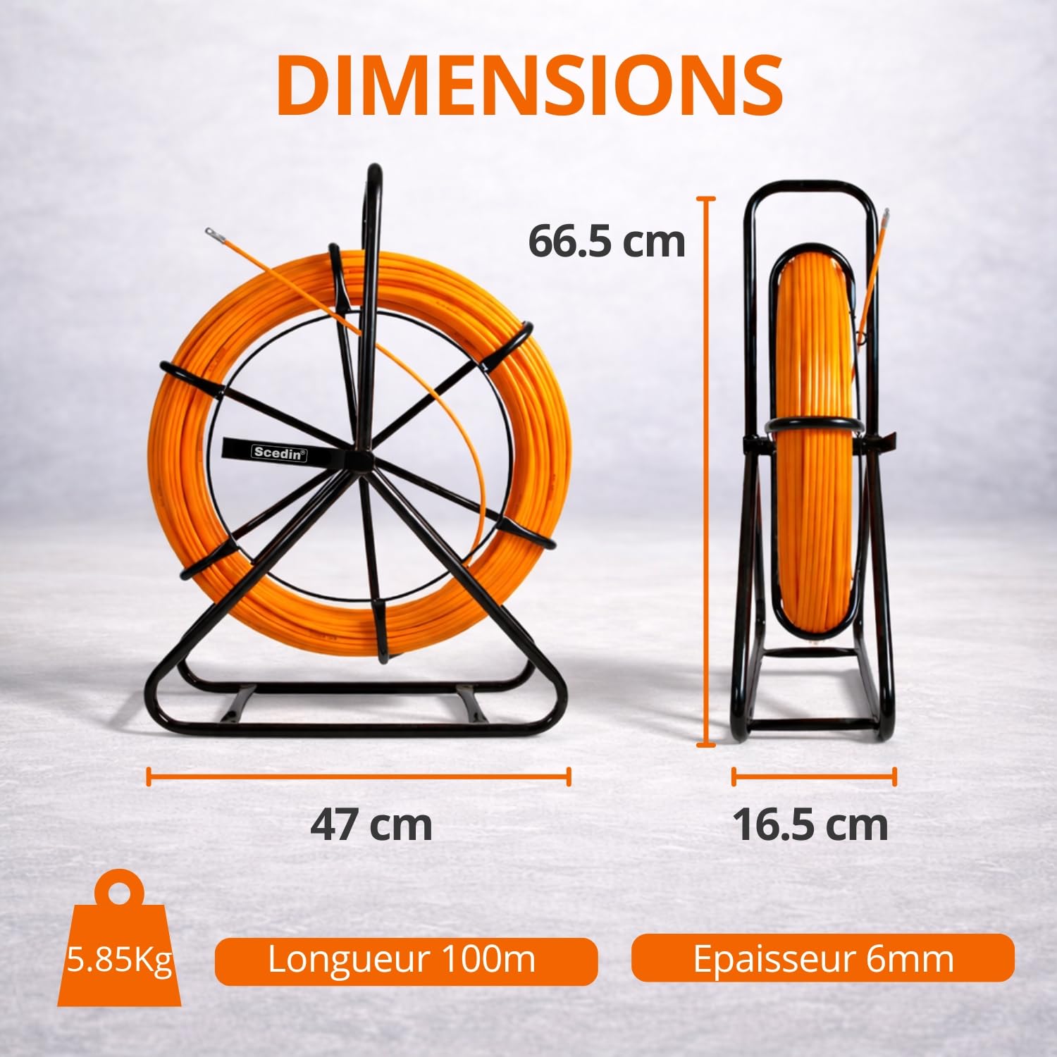 Aiguille tire-fil électricien 100 m x 6 mm avec dévidoir | Fibre de verre flexible et ultra-résistante | Outil professionnel pour passage de câble et gaine électrique