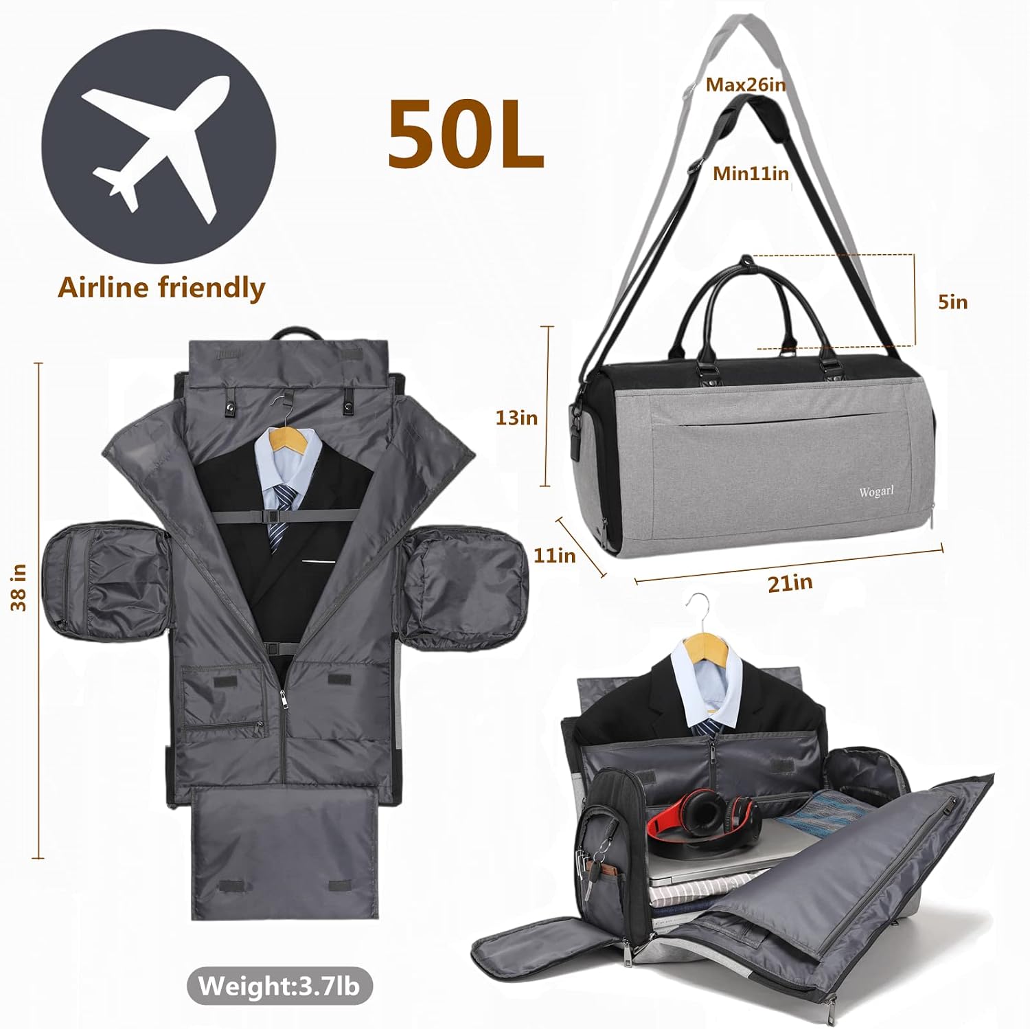 Review Wogarl 50L Carry on Garment Bag,4 in 1 Large Convertible Garment