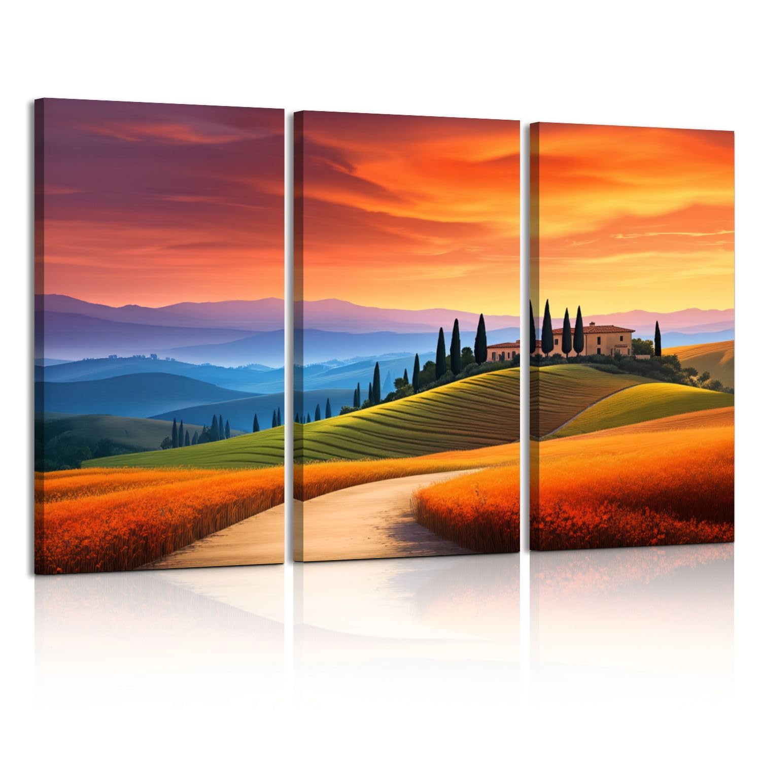 3 Piece Canvas Wall Art Prints Picture Tuscan Countryside Sunset Rolling Hills Cypress Trees Framed Wall Painting Modern Artwork Poster Home Decor for Living Room Office Ready to Hang