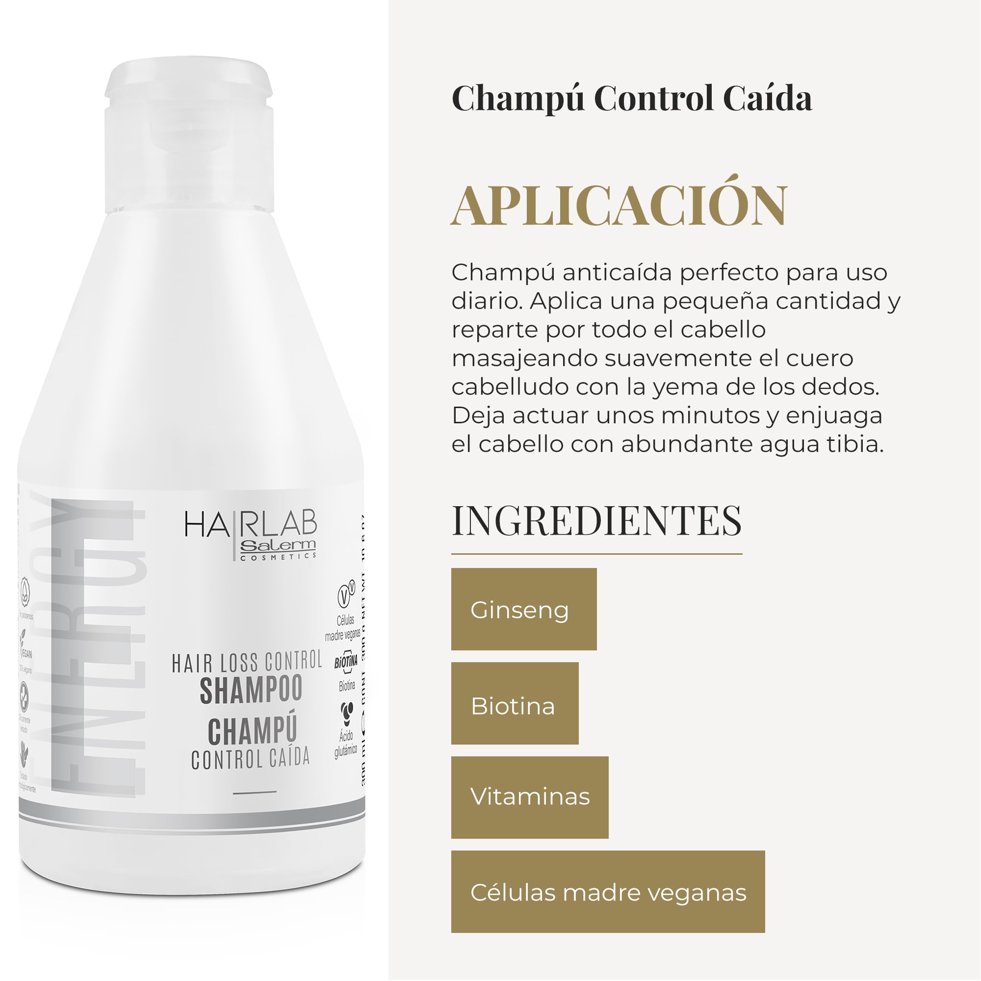 SALERM Champú Anticaída Control Caída Hair Lab 300 ml Fortalece Cabello Fino y Debilitado con Ginseng, Biotina y Vitaminas
