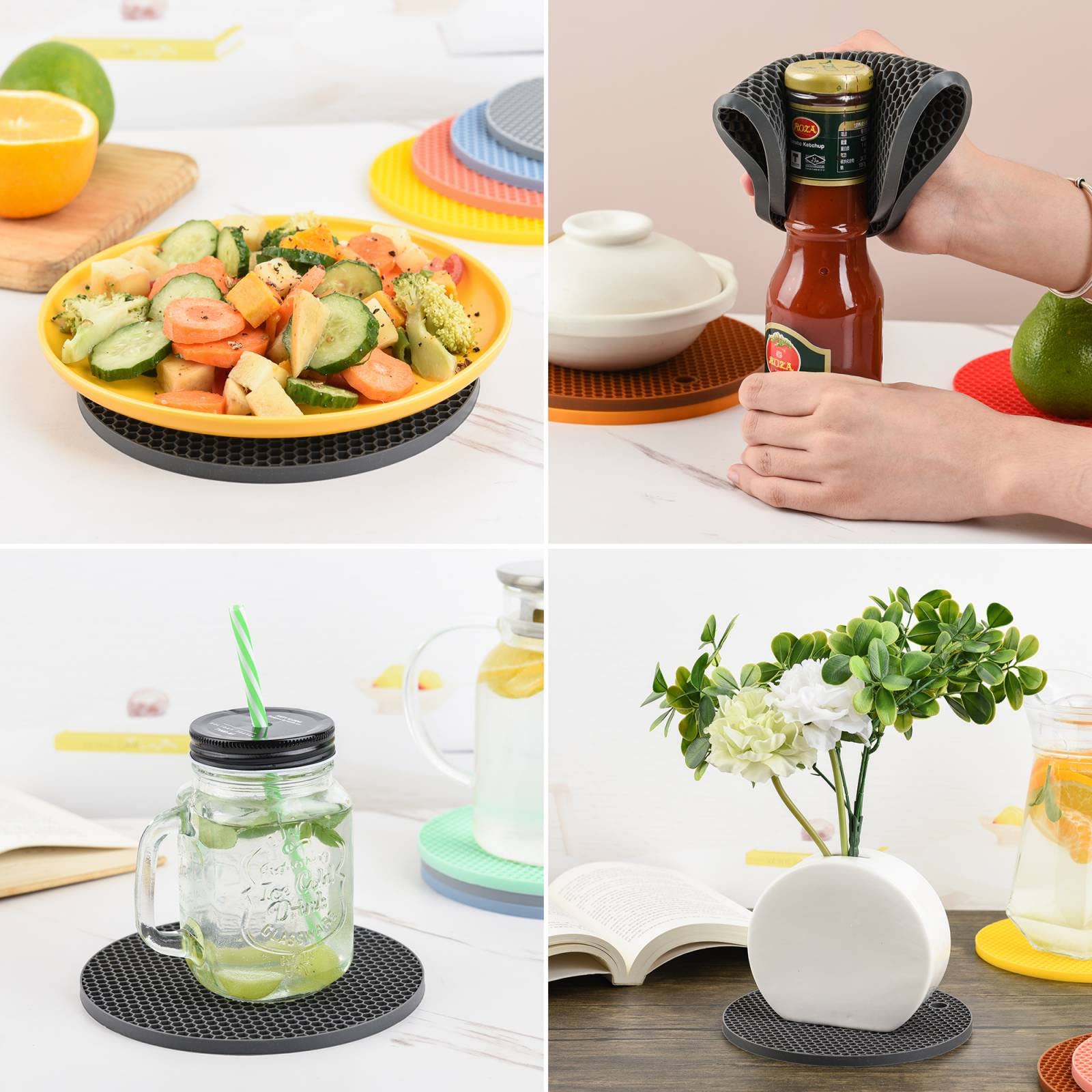 Silicone Trivets for Hot Dishes Pots & Pans, Round Trivet Pot Holders, Jar Opener & Spoon Rest, Non Slip Kitchen Hot Pads, Heat Resistant Mat for Table & Counter Mats Set of 4 Mixing Color — Amazon image 5