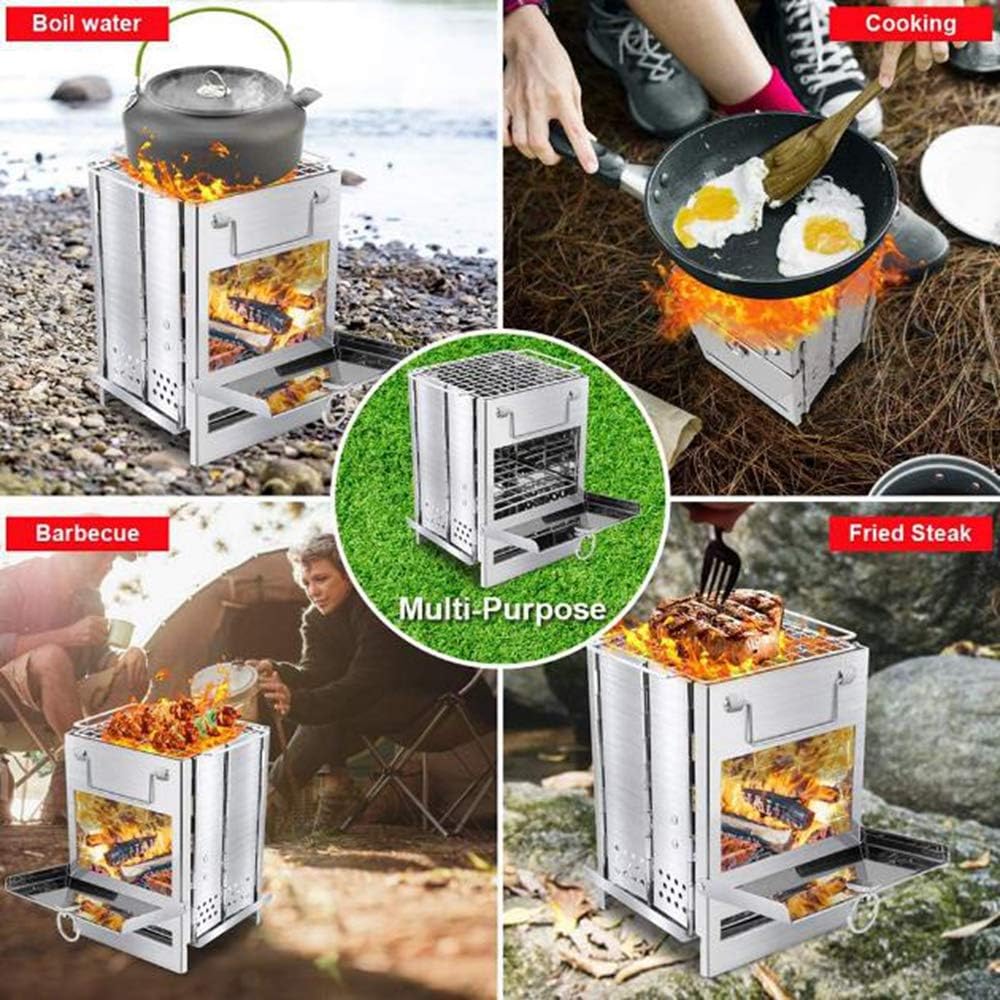 Wood Burning Camp BBQ Stove Folding Portable Backpacking Stove, Small/Large Stainless Steel 304# Grill with Pot Stand for Hiking Camping Picnic (Small)