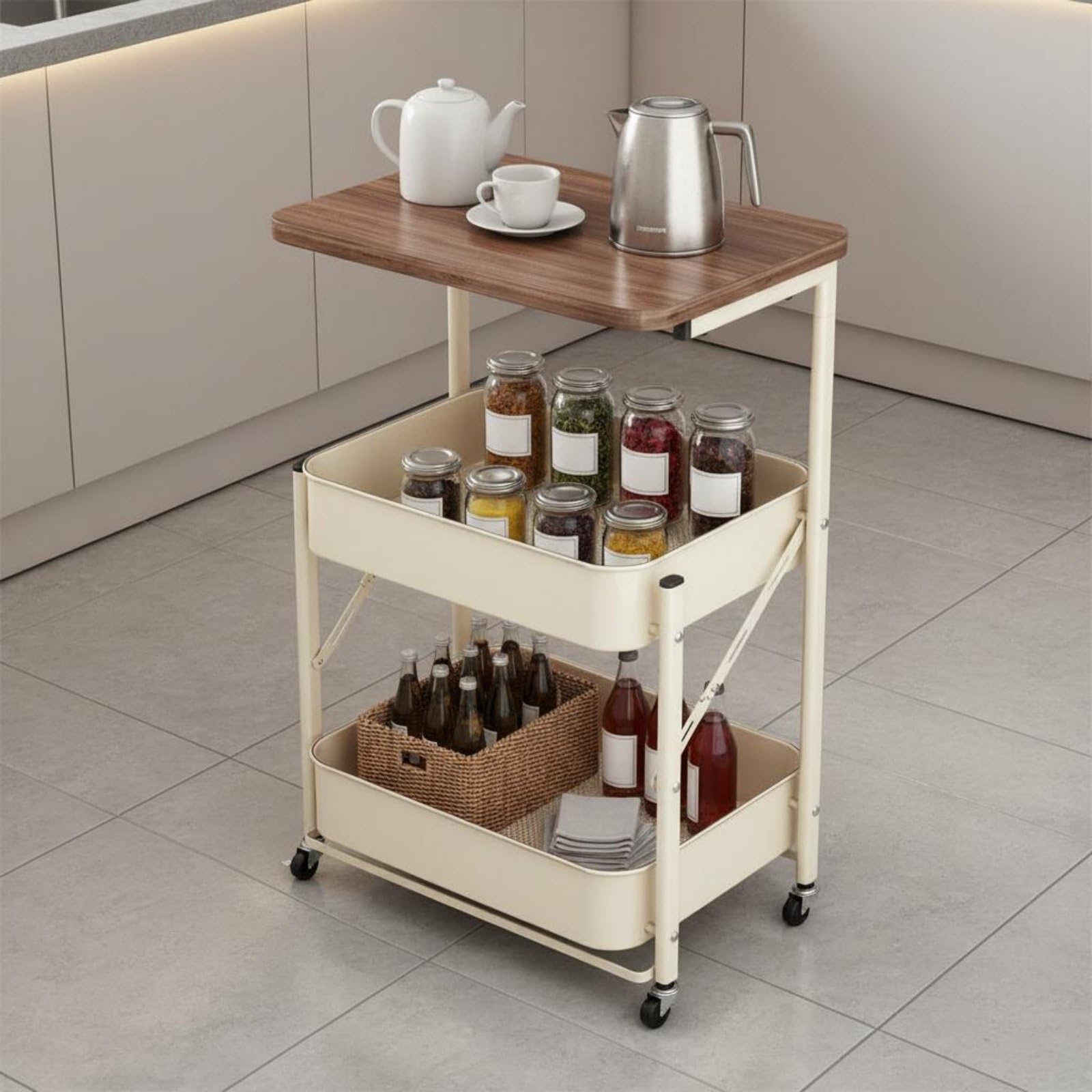 Jiuvaso Carrello Pieghevole Carrello Portaoggetti 3 Ripiani Carrello Portarotelle con Ripiano Superiore in Legno E a Filo Pieghevole Salvaspazio con Ruote, Bianco Crema