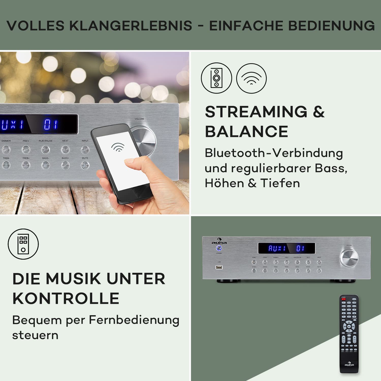 Auna HiFi Stereo Mini Verstärker 4 Kanal Audio-Verstärker mit Bass & Treble Regler Fernbedienung AUX