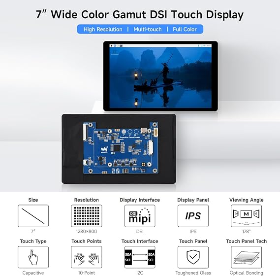waveshare 7inch DSI Capacitive Touch Display 2, Compatible with Raspberry Pi 5/4B/3B/CM3/3+/4, 1280 800 Resolution, IPS, Optical Bonding Toughened Glass Panel, DSI Interface, 10-Point Touch