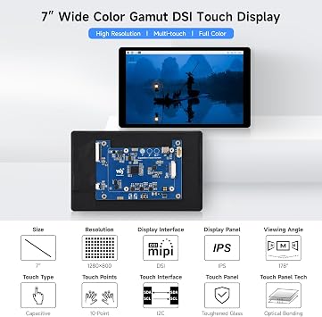 waveshare 7inch DSI Capacitive Touch Display 2, Compatible with Raspberry Pi 5/4B/3B/CM3/3+/4, 1280 800 Resolution, IPS, Optical Bonding Toughened Glass Panel, DSI Interface, 10-Point Touch